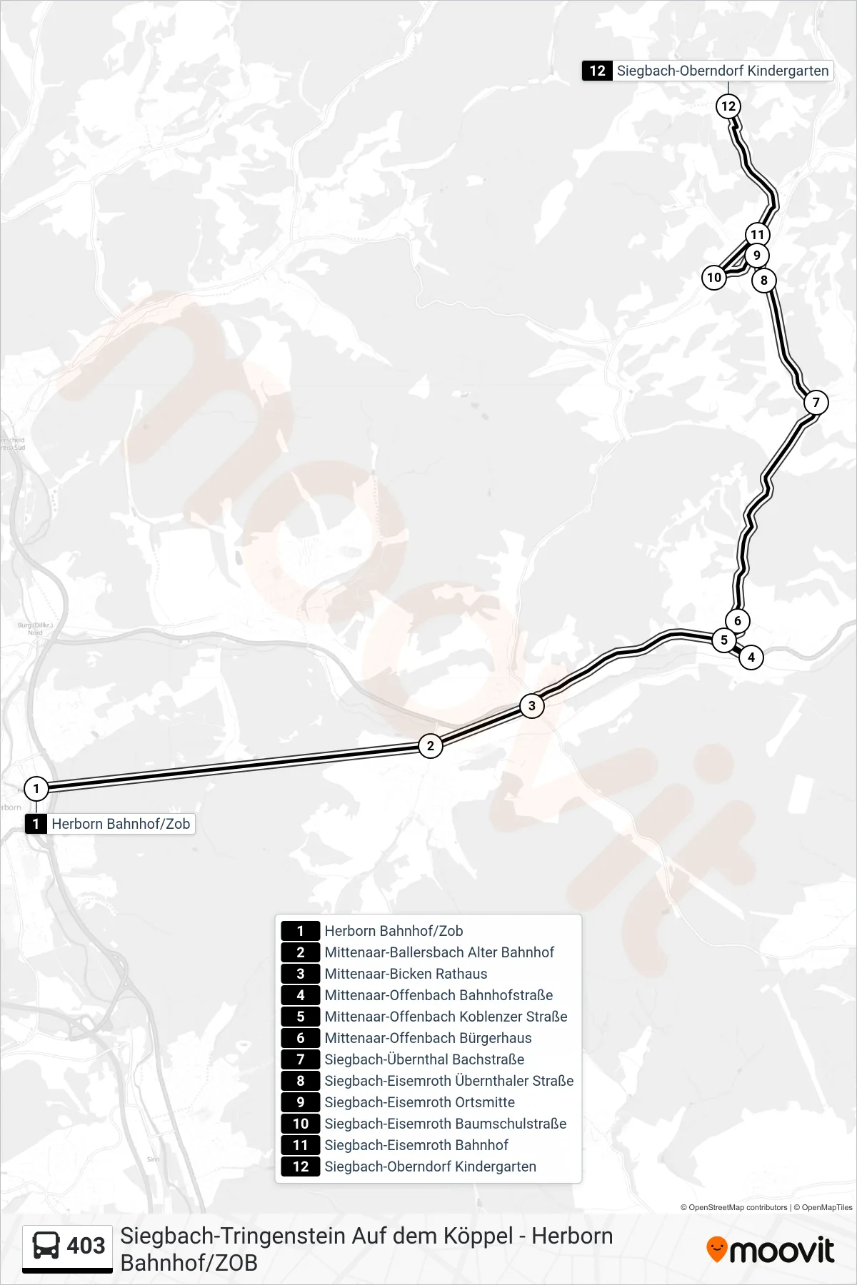 403 bus Line (Siegbach-Oberndorf Kindergarten) route and stops on a map