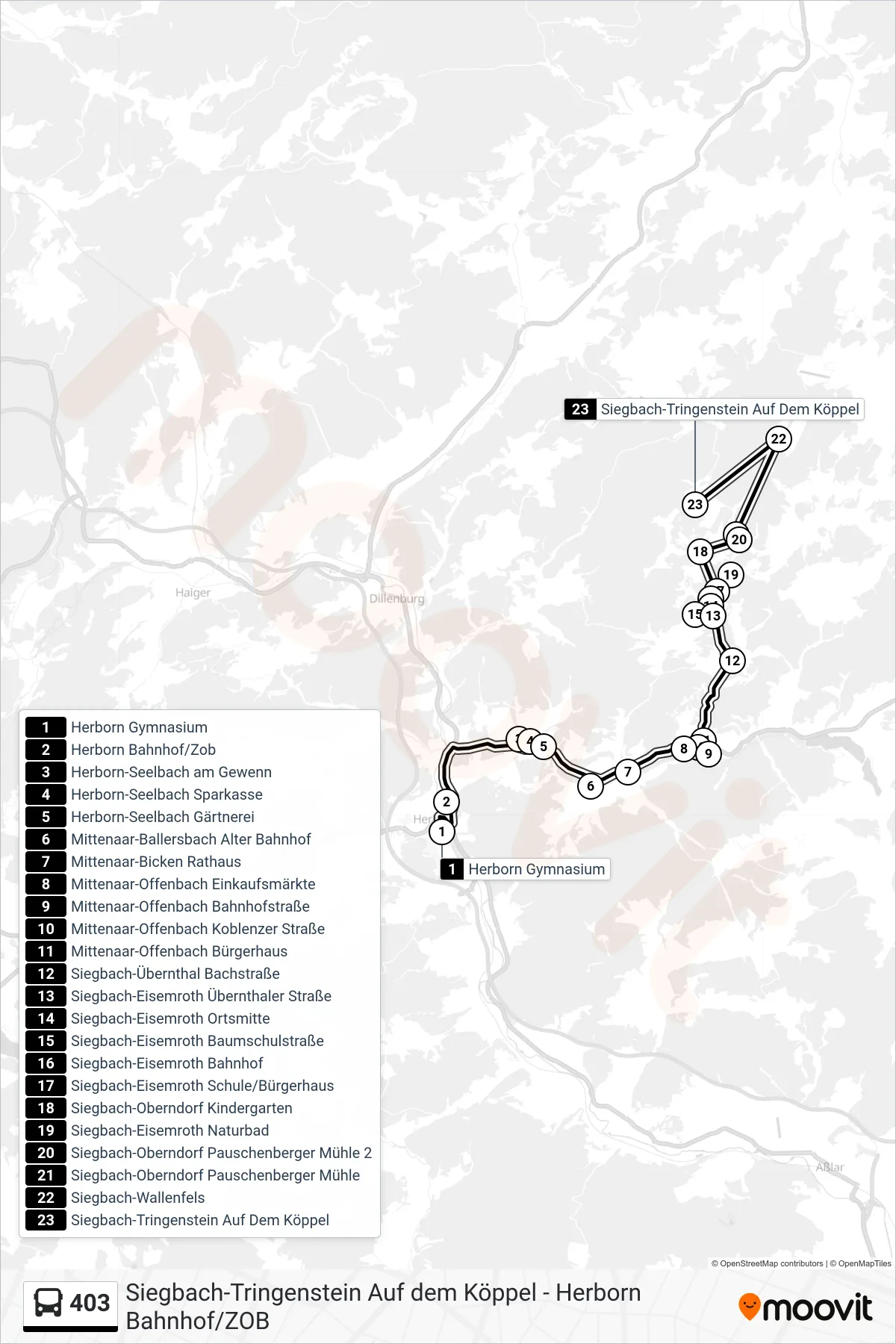 403 bus Line (Siegbach-Tringenstein Auf Dem Köppel) route and stops on a map