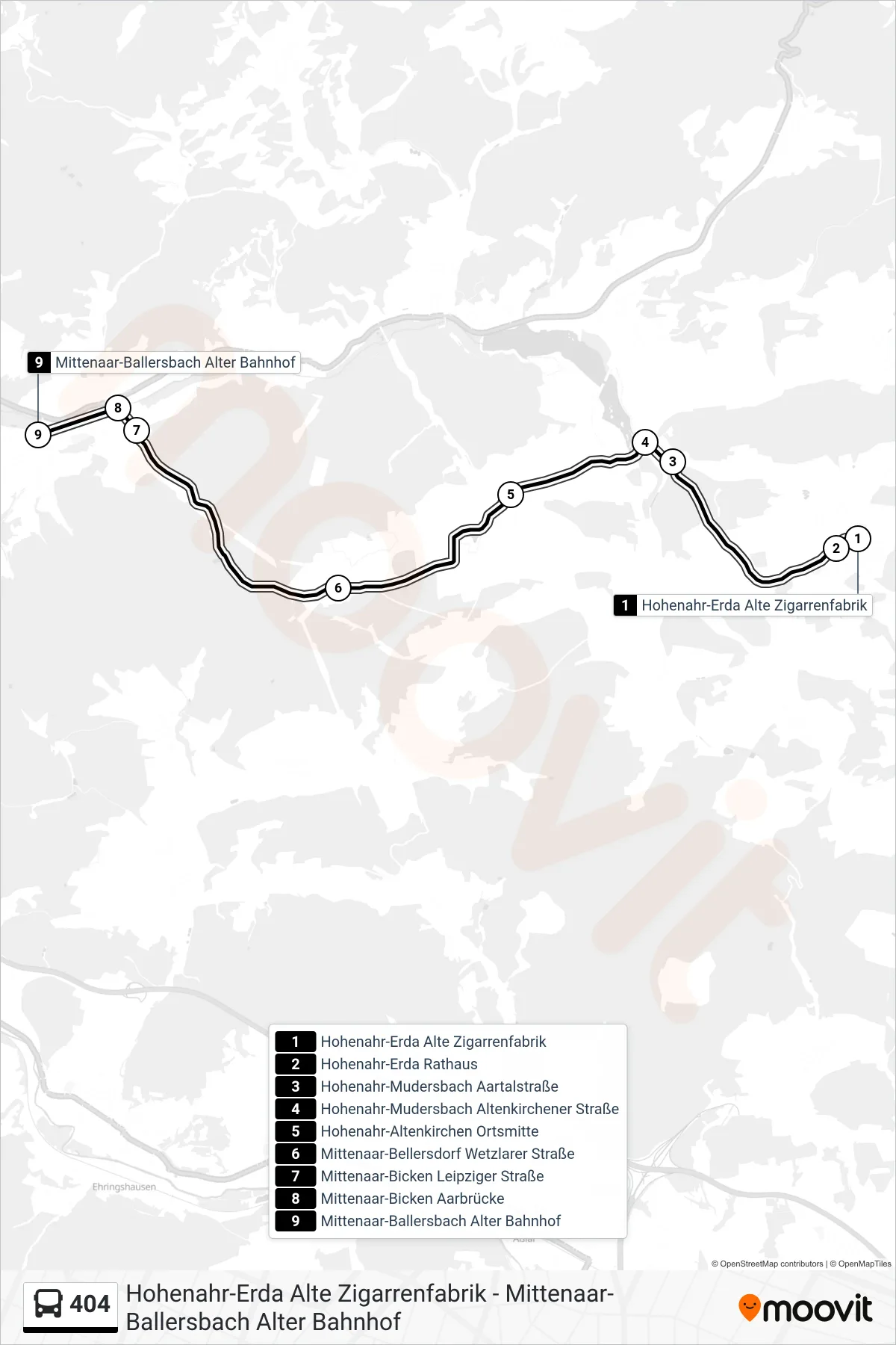 404 bus Line (Mittenaar-Ballersbach Alter Bahnhof) route and stops on a map