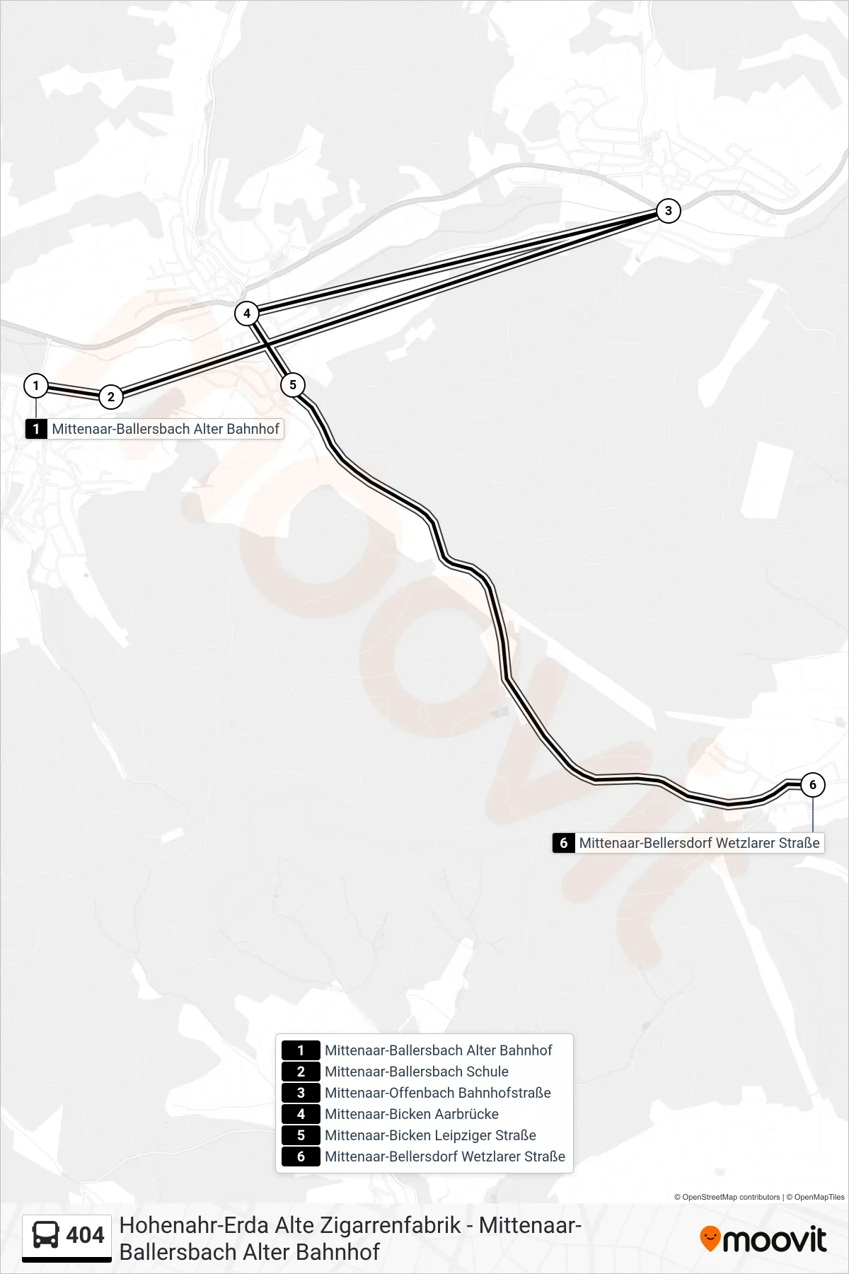 404 bus Line (Mittenaar-Bellersdorf Wetzlarer Straße) route and stops on a map