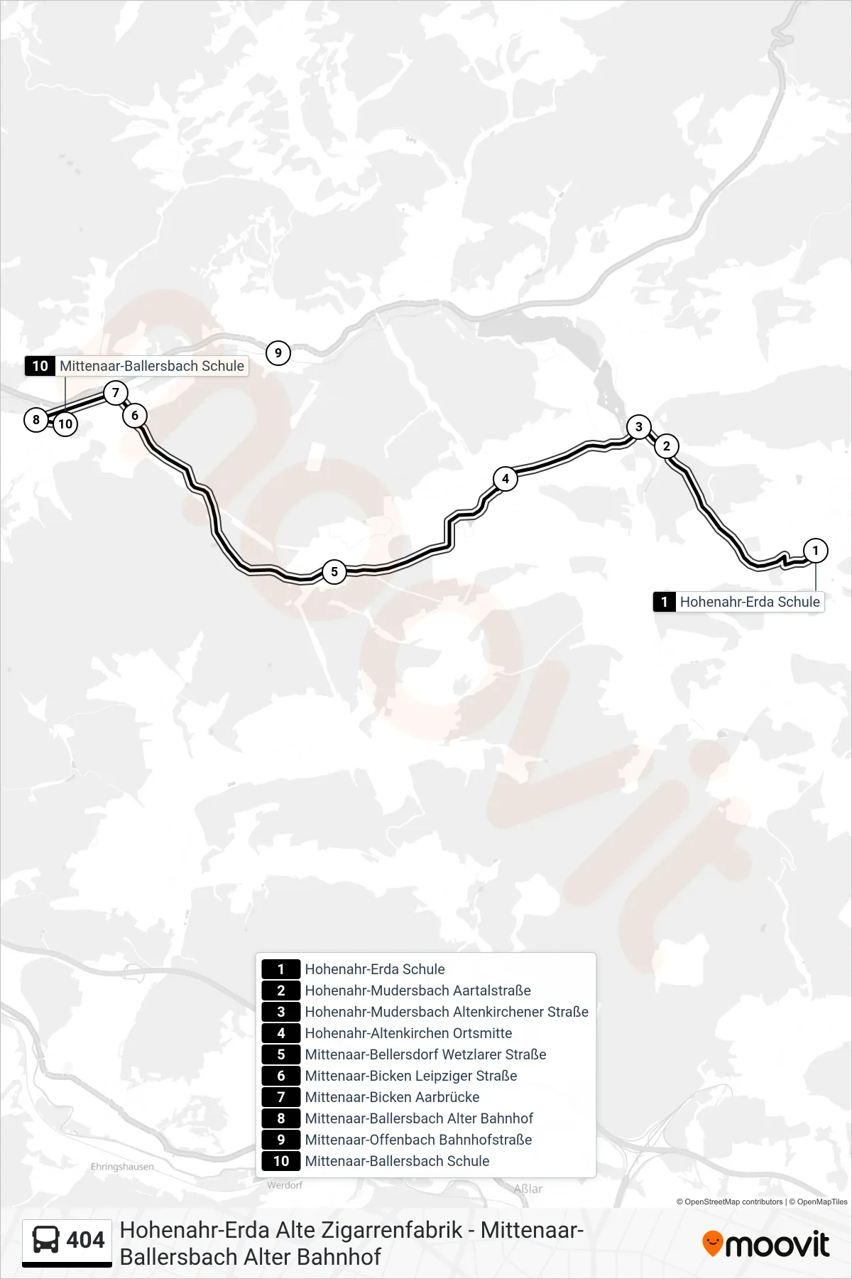 404 bus Line (Mittenaar-Ballersbach Schule) route and stops on a map