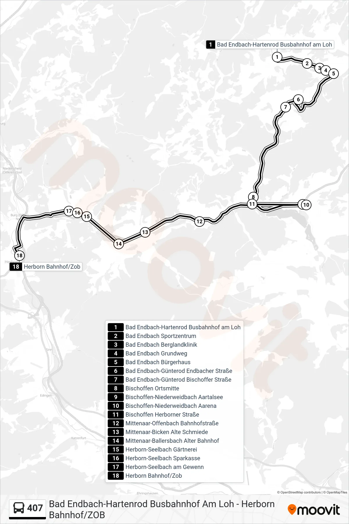 Linie 407 (Bus) Richtung Herborn Bahnhof/Zob: Route und Haltestellen auf der Karte