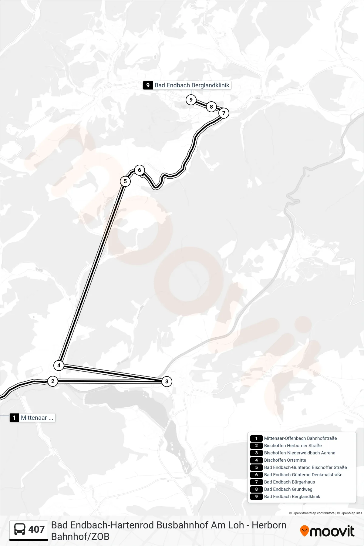 407 bus Line (Bad Endbach Berglandklinik) route and stops on a map