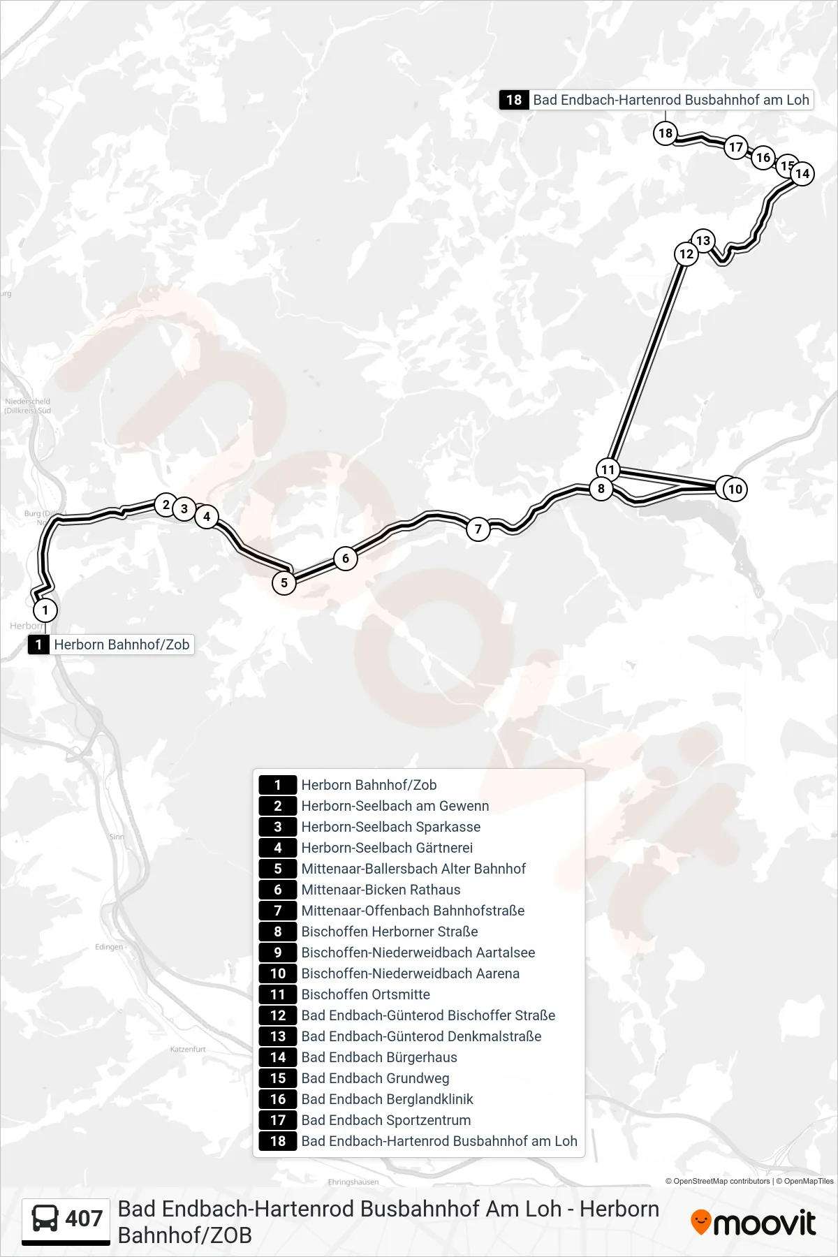 407 bus Line (Bad Endbach-Hartenrod Busbahnhof am Loh) route and stops on a map