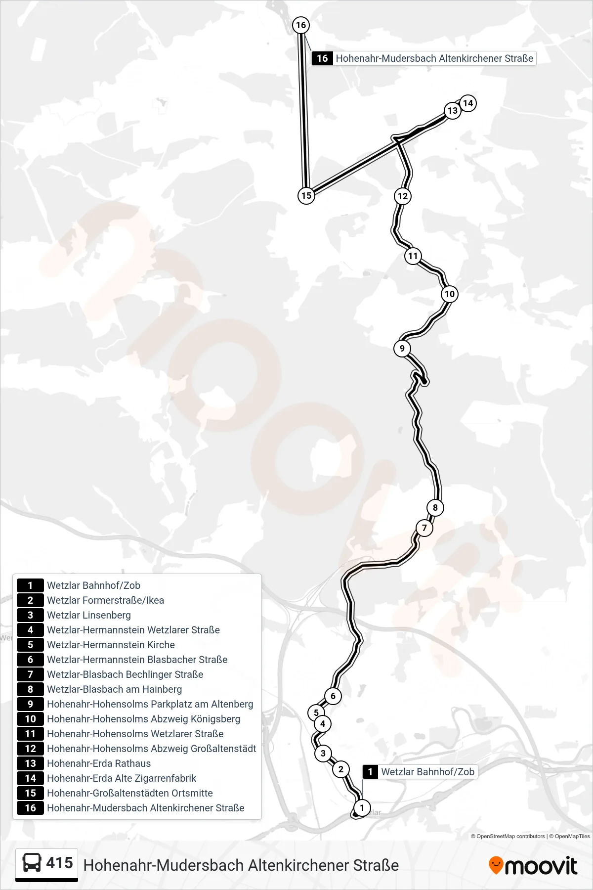 415 bus Line (Hohenahr-Mudersbach Altenkirchener Straße) route and stops on a map