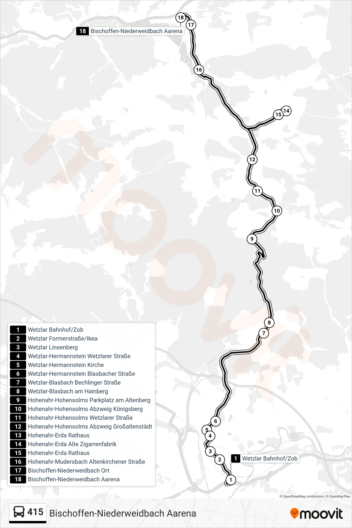 415 bus Line (Bischoffen-Niederweidbach Aarena) route and stops on a map