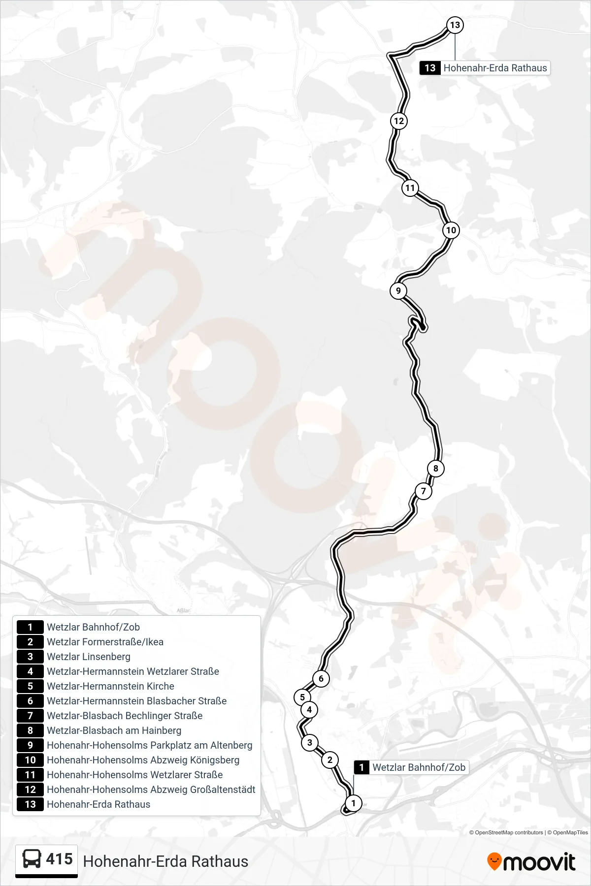 415 bus Line (Hohenahr-Erda Rathaus) route and stops on a map