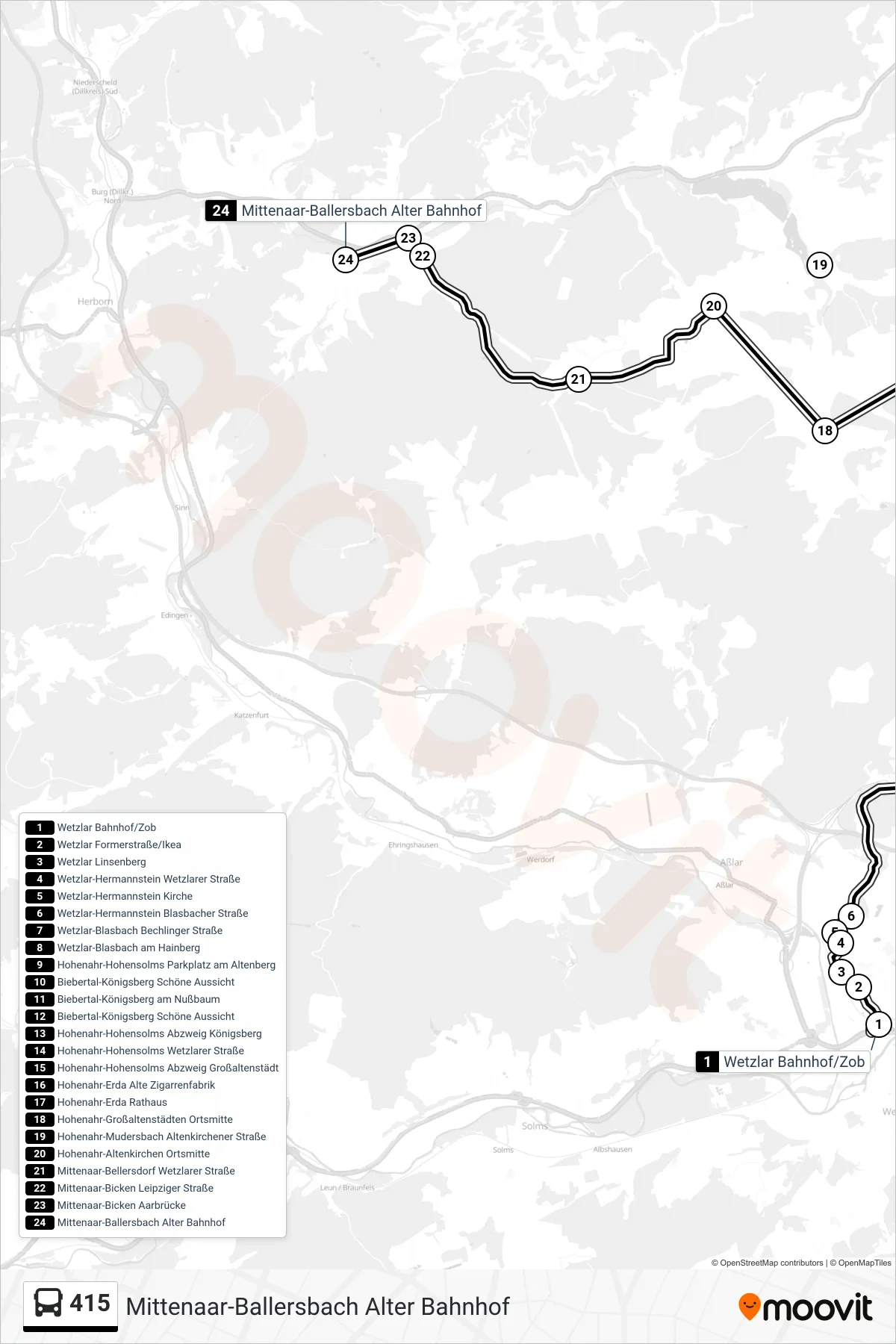 415 bus Line (Mittenaar-Ballersbach Alter Bahnhof) route and stops on a map