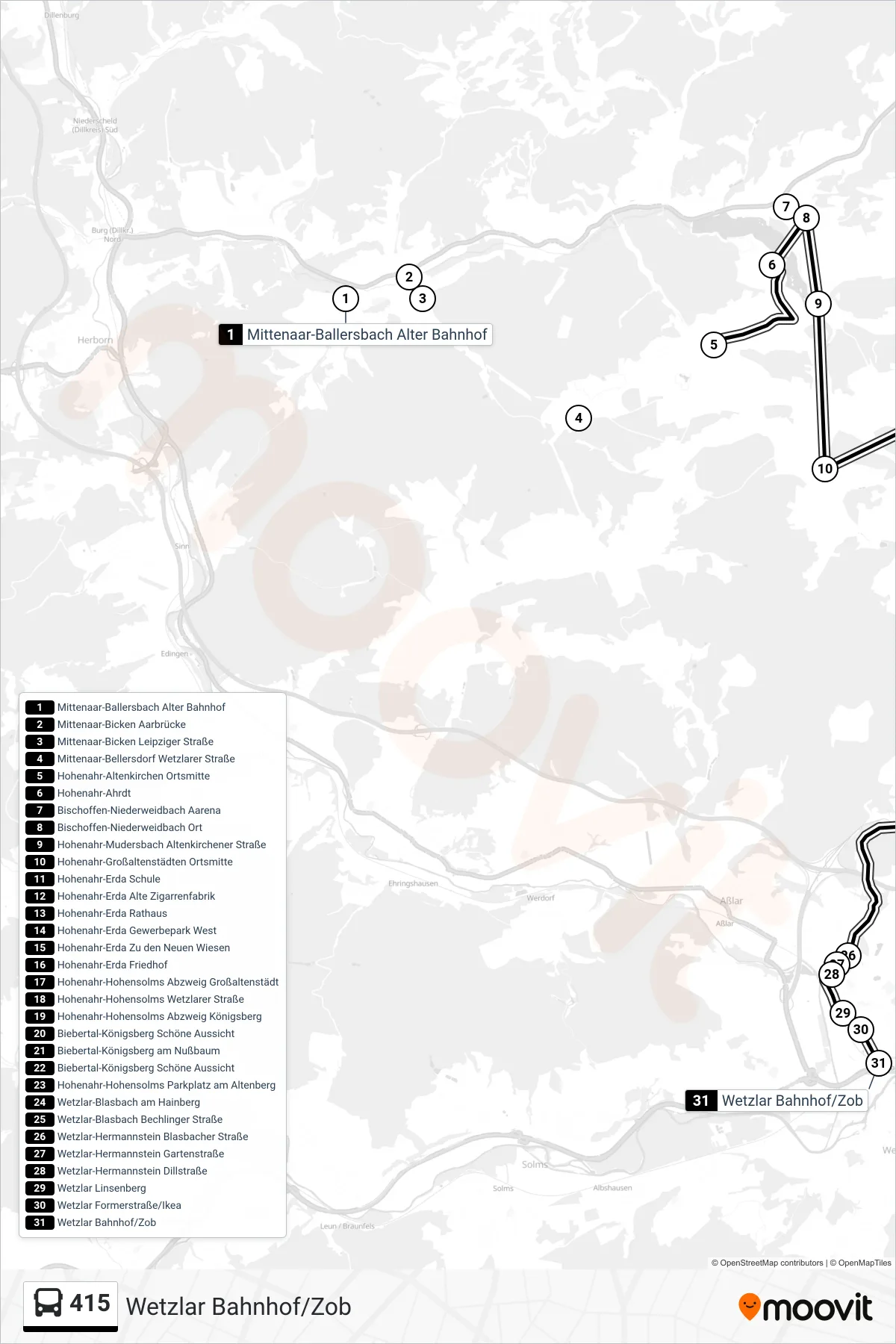 415 bus Line (Wetzlar Bahnhof/Zob) route and stops on a map