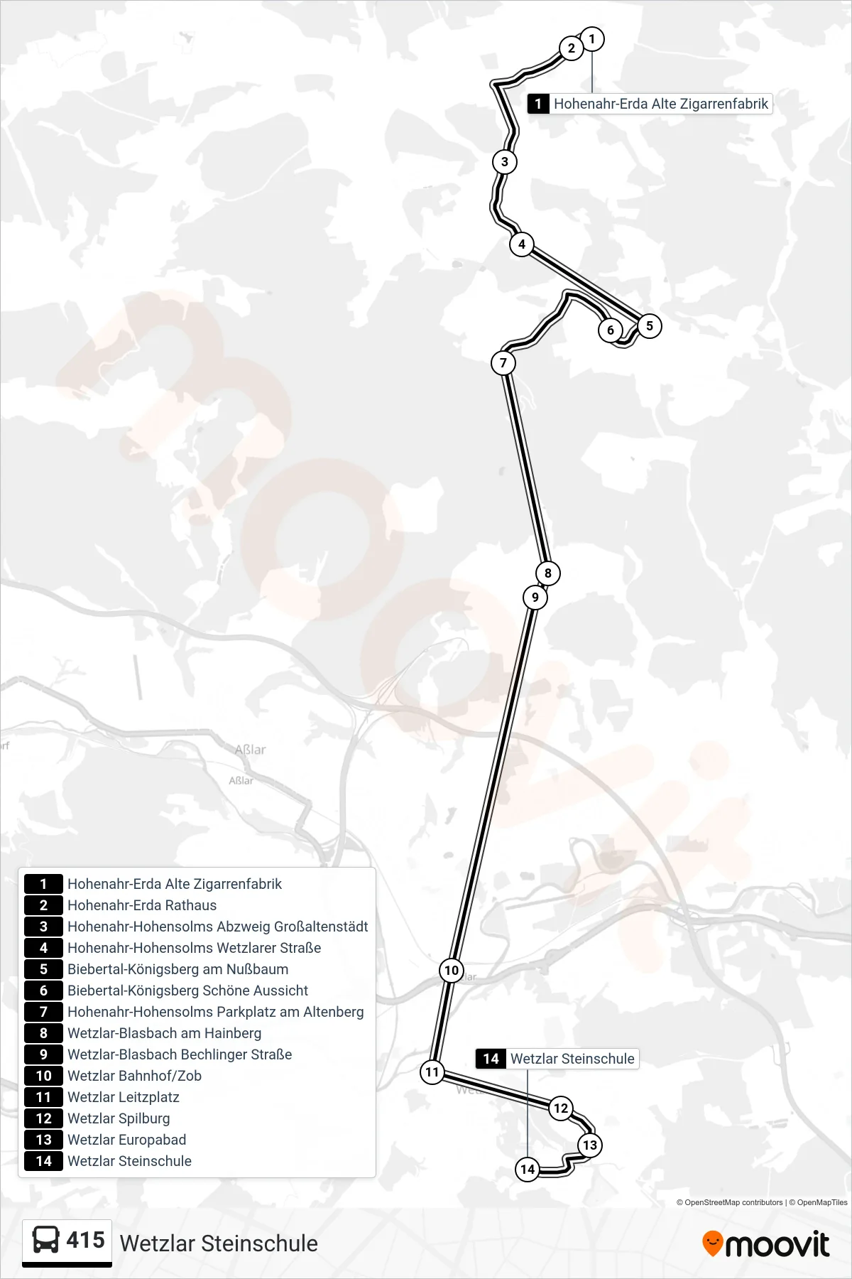 415 bus Line (Wetzlar Steinschule) route and stops on a map