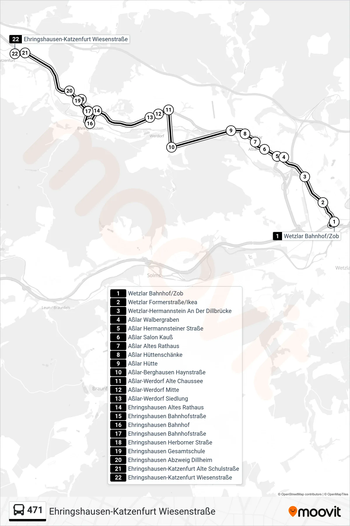 471 bus Line (Ehringshausen-Katzenfurt Wiesenstraße) route and stops on a map
