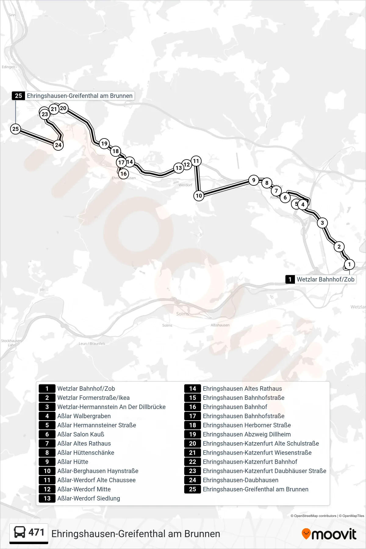 Linie 471 (Bus) Richtung Ehringshausen-Greifenthal am Brunnen: Route und Haltestellen auf der Karte