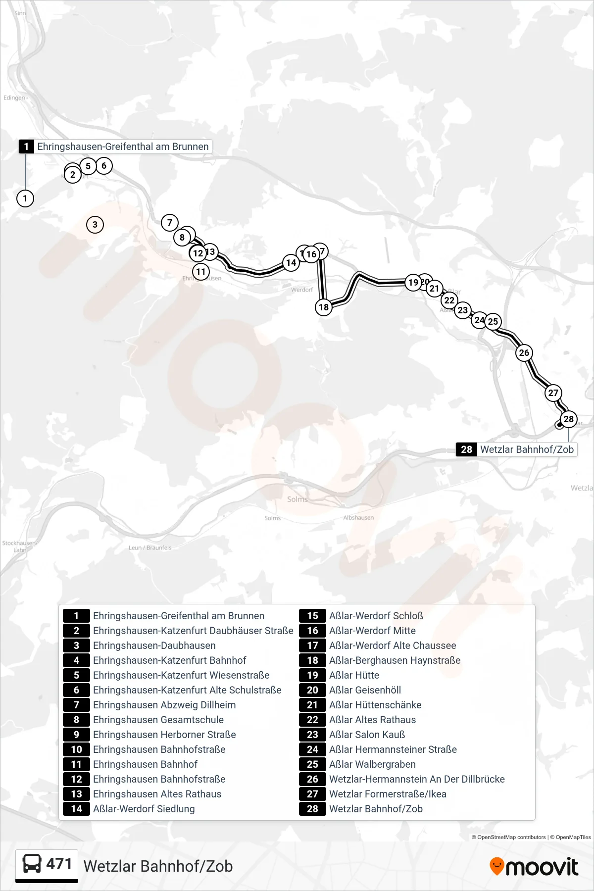 471 bus Line (Wetzlar Bahnhof/Zob) route and stops on a map