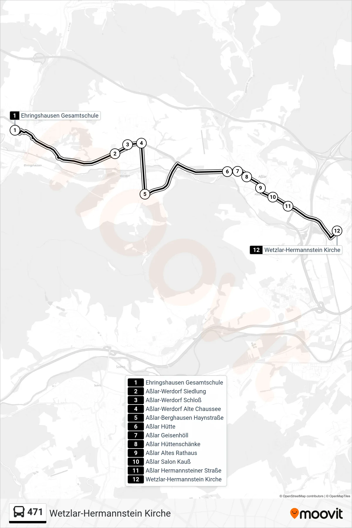 471 bus Line (Wetzlar-Hermannstein Kirche) route and stops on a map