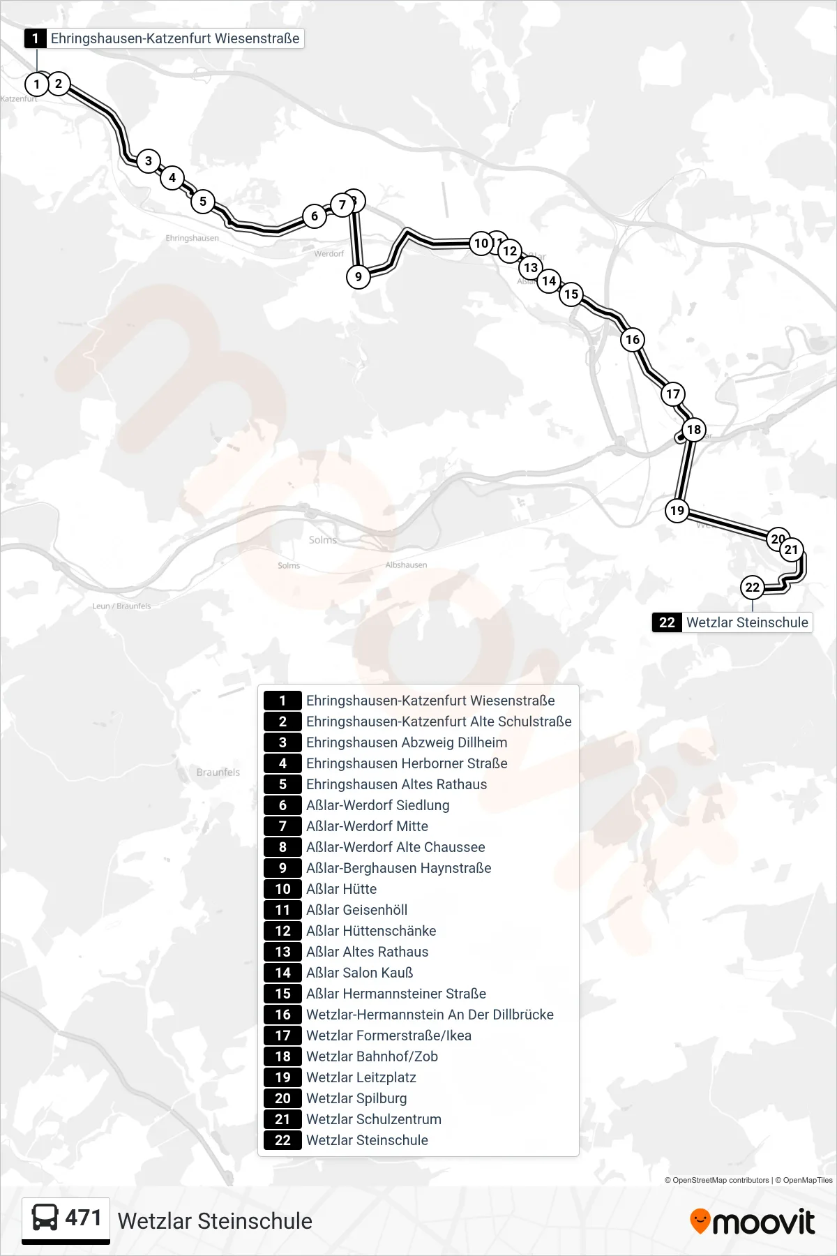 471 bus Line (Wetzlar Steinschule) route and stops on a map
