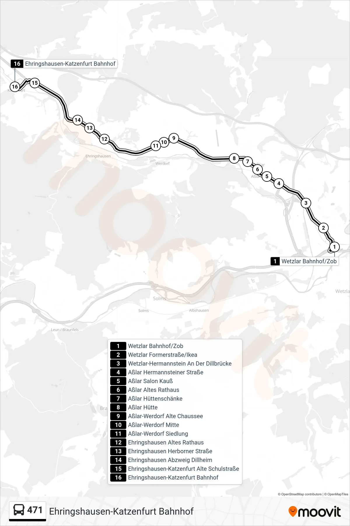 471 bus Line (Ehringshausen-Katzenfurt Bahnhof) route and stops on a map