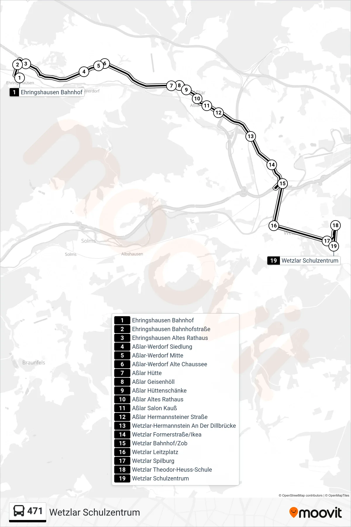 471 bus Line (Wetzlar Schulzentrum) route and stops on a map