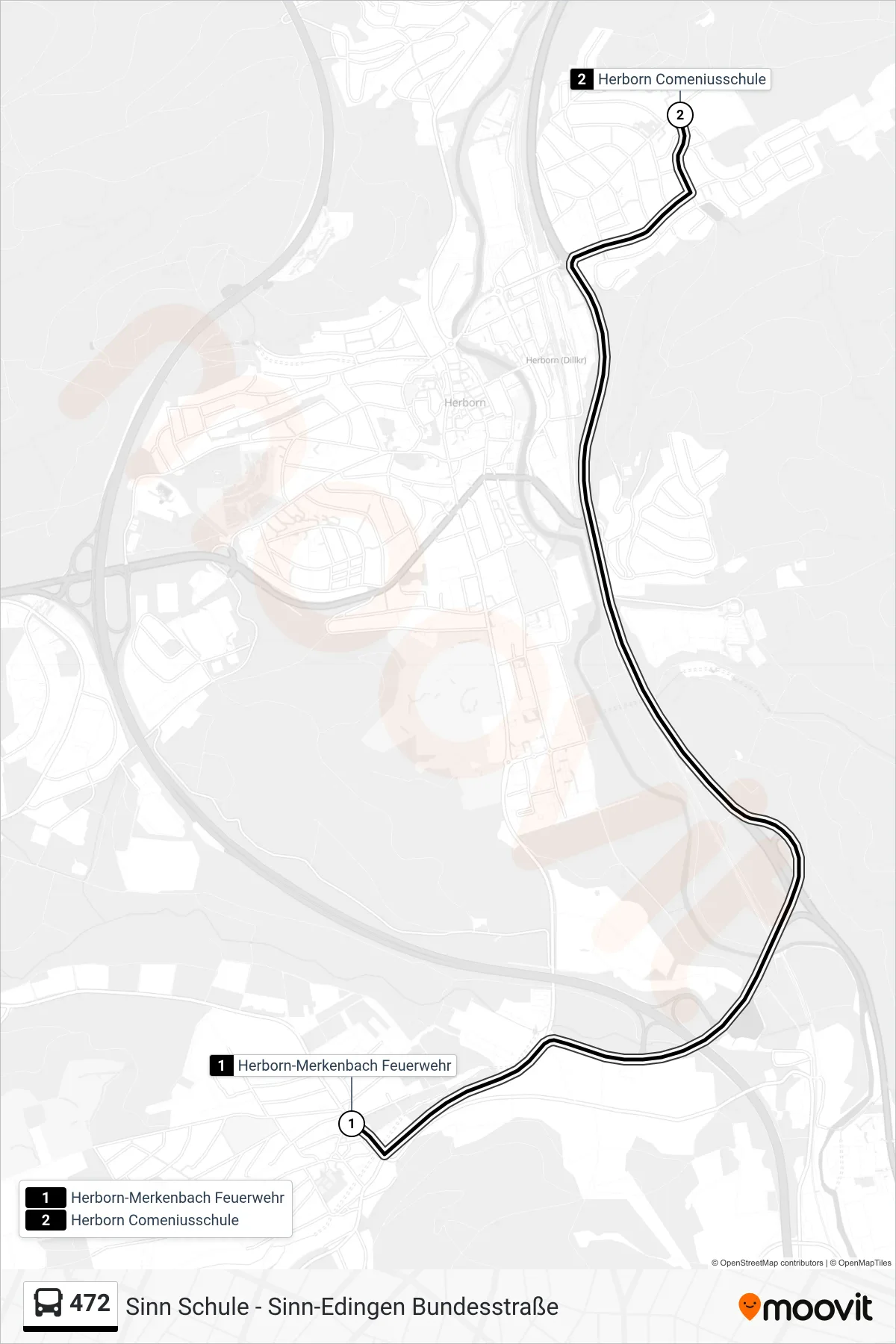 472 bus Line (Herborn Comeniusschule) route and stops on a map
