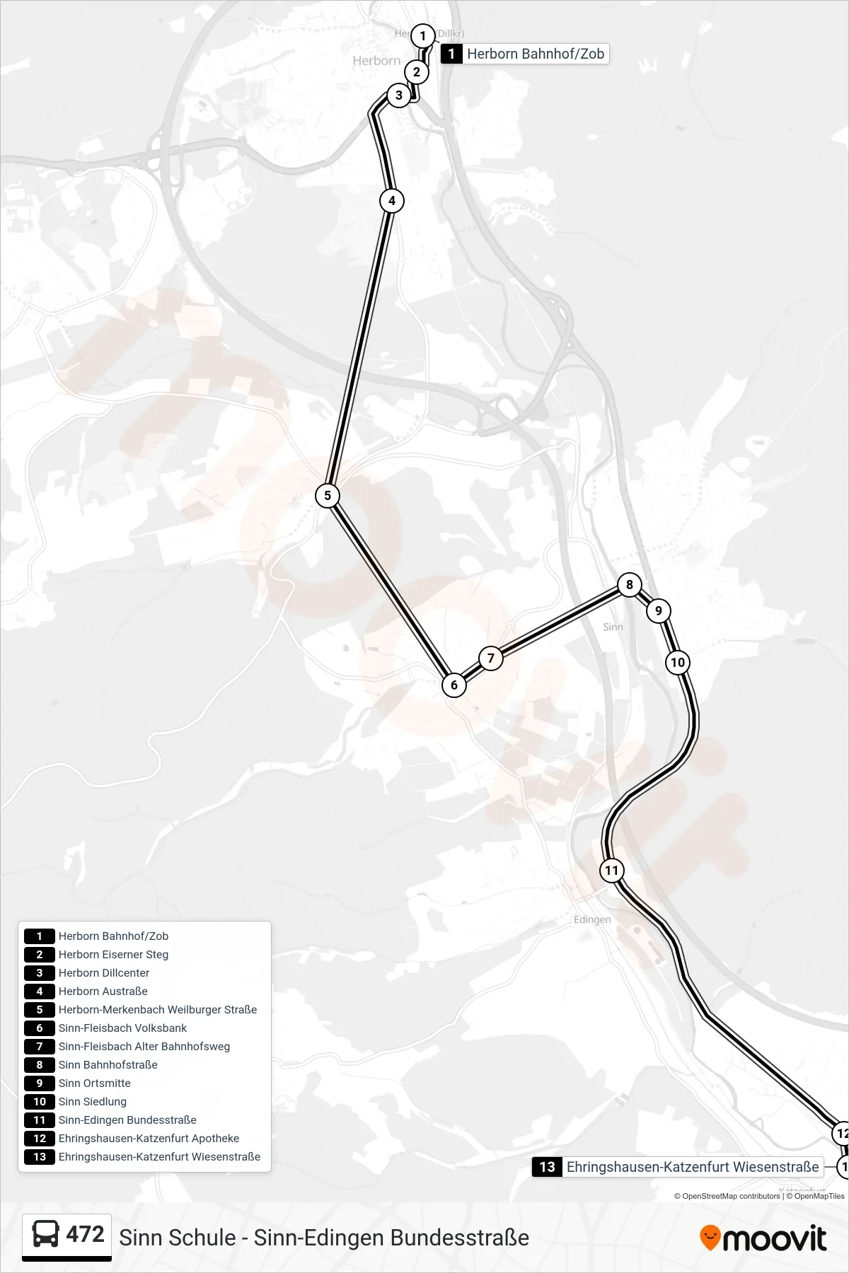 472 bus Line (Ehringshausen-Katzenfurt Wiesenstraße) route and stops on a map