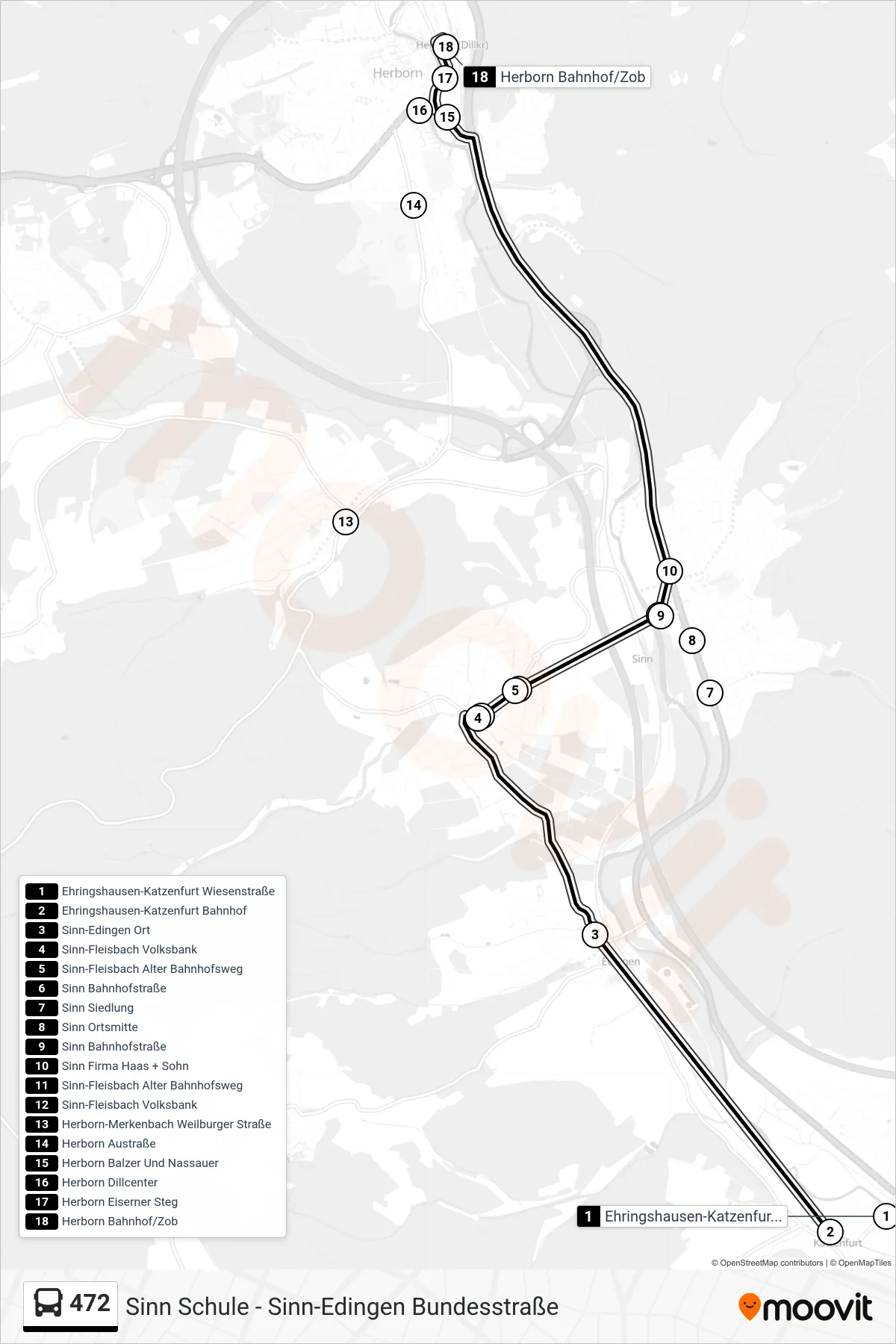 472 bus Line (Herborn Bahnhof/Zob) route and stops on a map