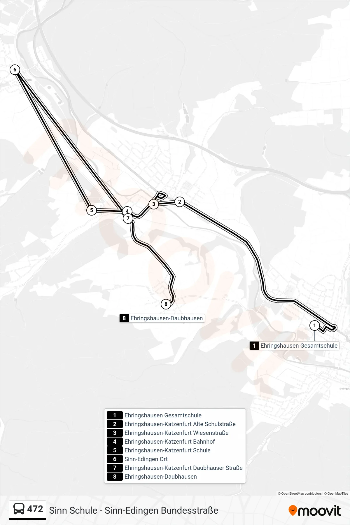 472 bus Line (Ehringshausen-Daubhausen) route and stops on a map