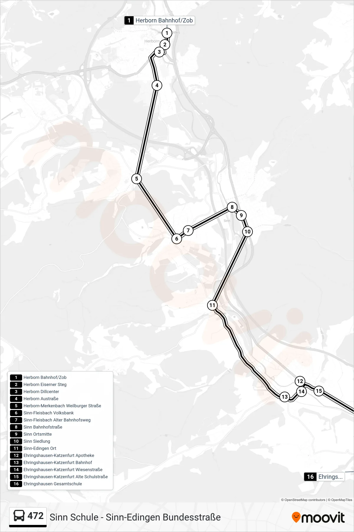 472 bus Line (Ehringshausen Gesamtschule) route and stops on a map