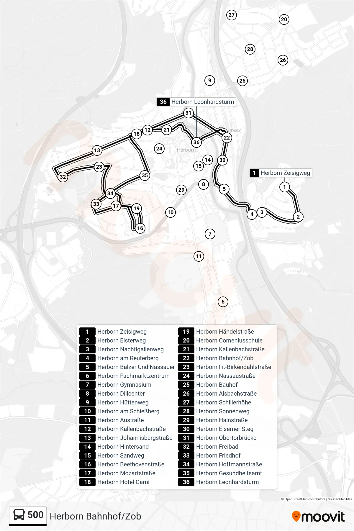 500 bus Line (Herborn Bahnhof/Zob) route and stops on a map