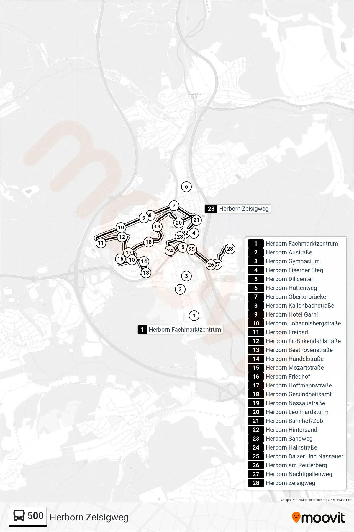 500 bus Line (Herborn Zeisigweg) route and stops on a map