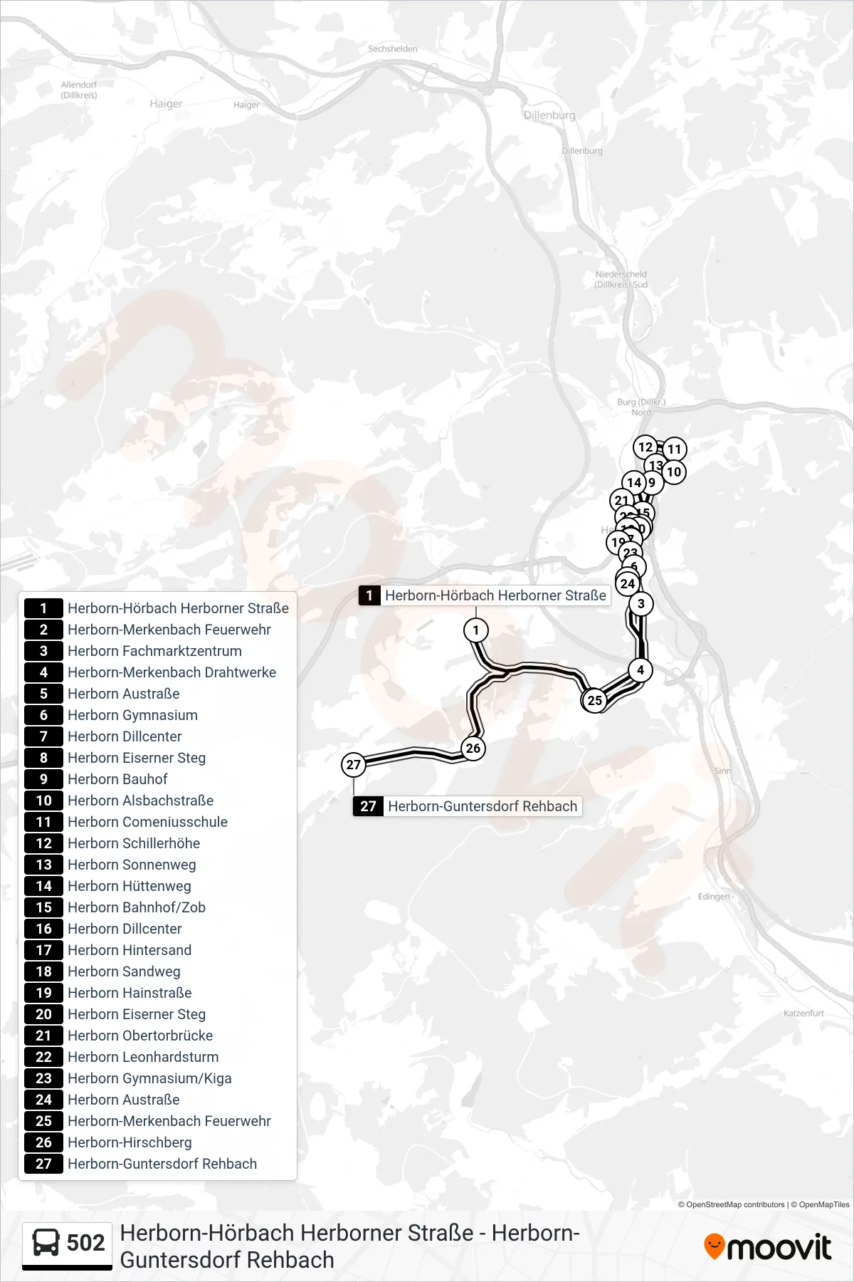502 bus Line (Herborn-Guntersdorf Rehbach) route and stops on a map