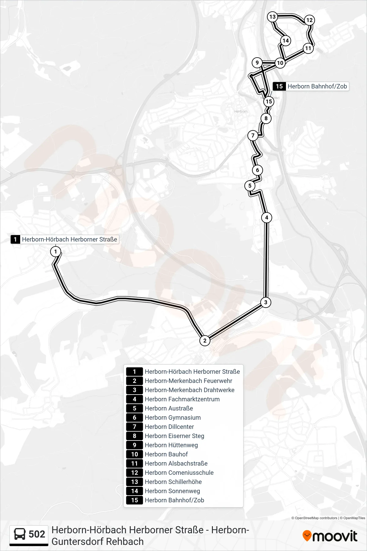 502 bus Line (Herborn Bahnhof/Zob) route and stops on a map