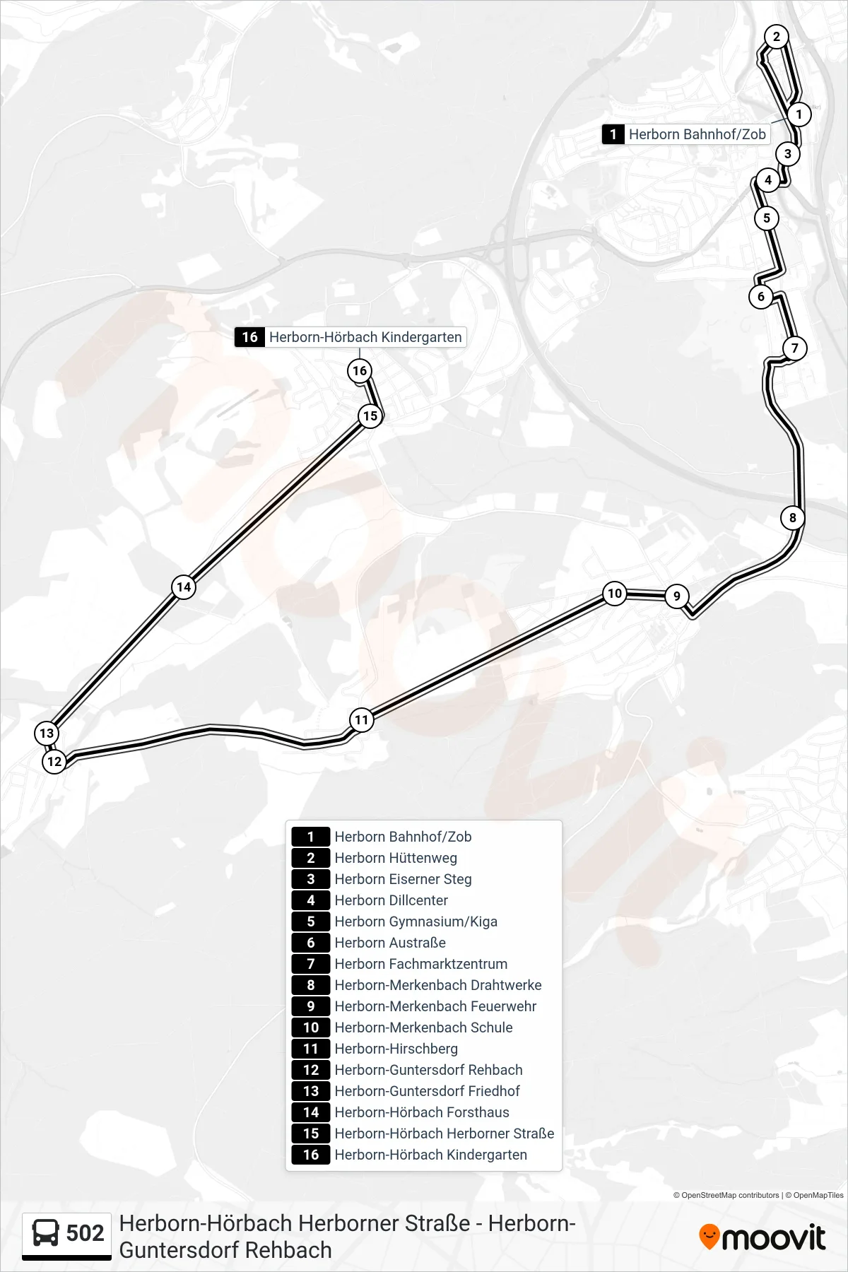 502 bus Line (Herborn-Hörbach Kindergarten) route and stops on a map