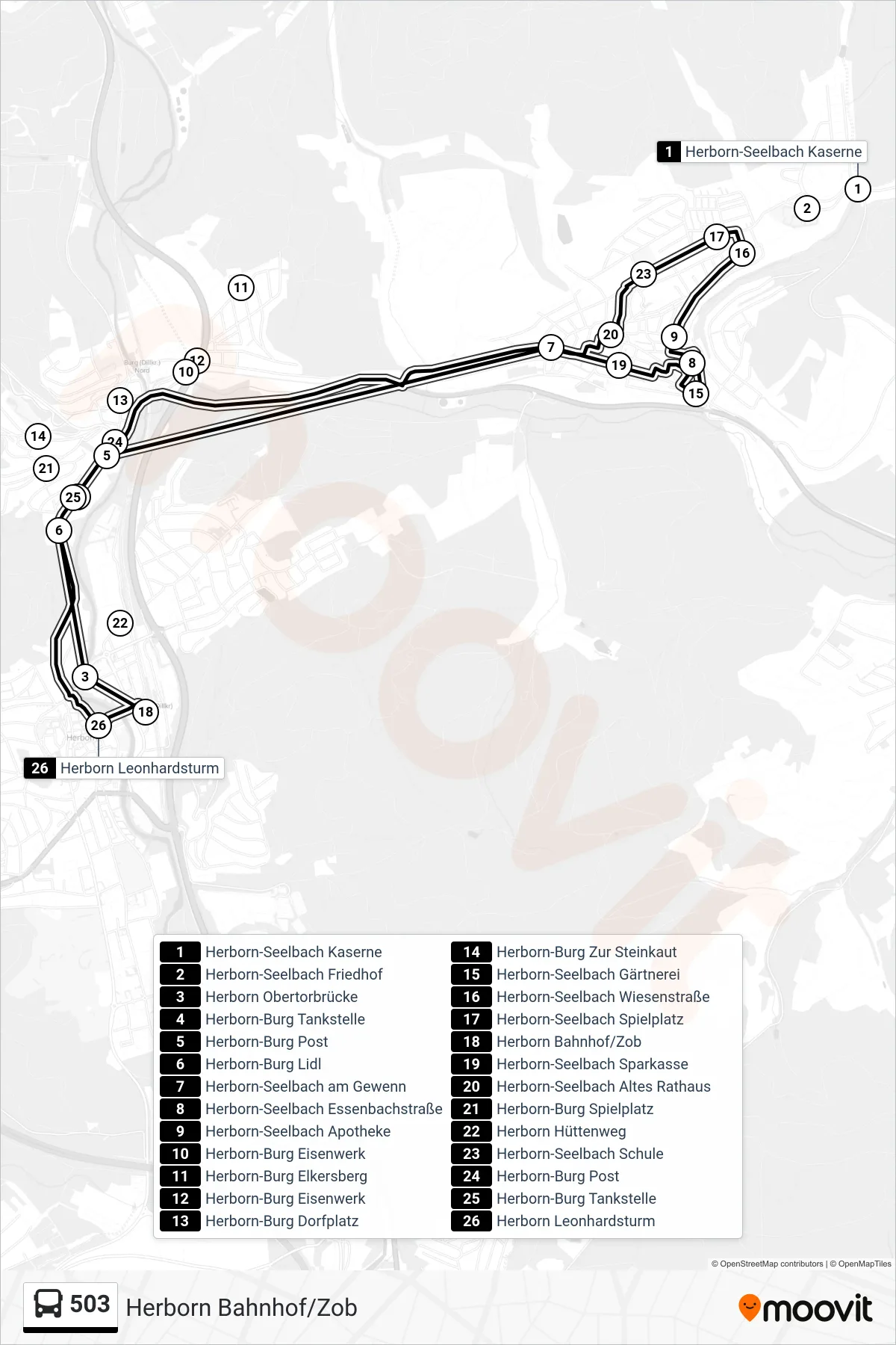 503 bus Line (Herborn Bahnhof/Zob) route and stops on a map