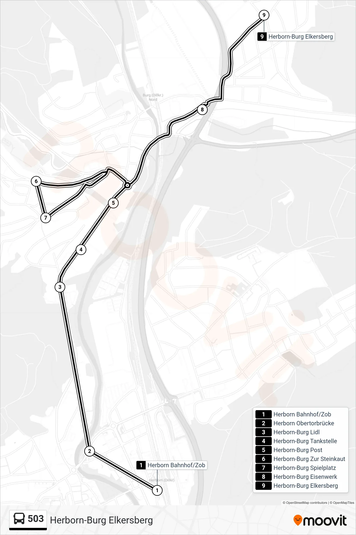 503 bus Line (Herborn-Burg Elkersberg) route and stops on a map