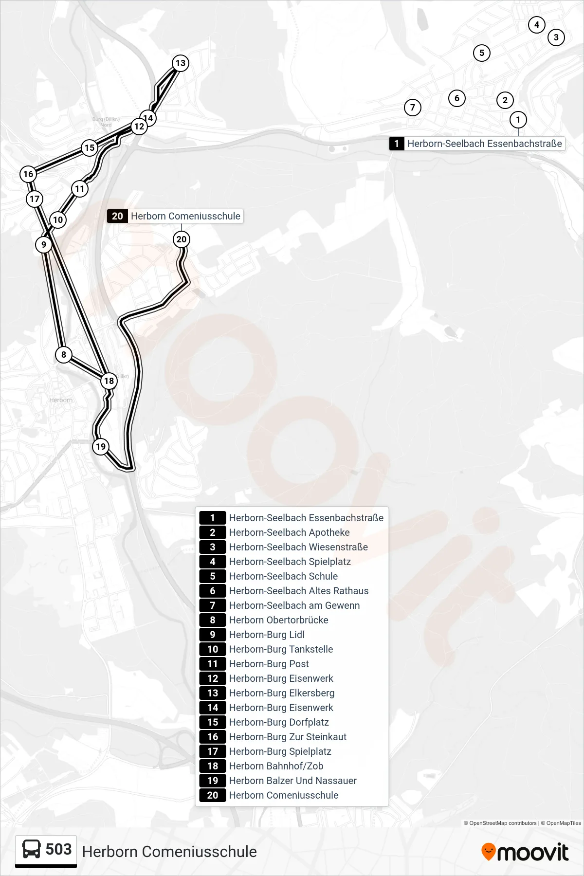 503 bus Line (Herborn Comeniusschule) route and stops on a map