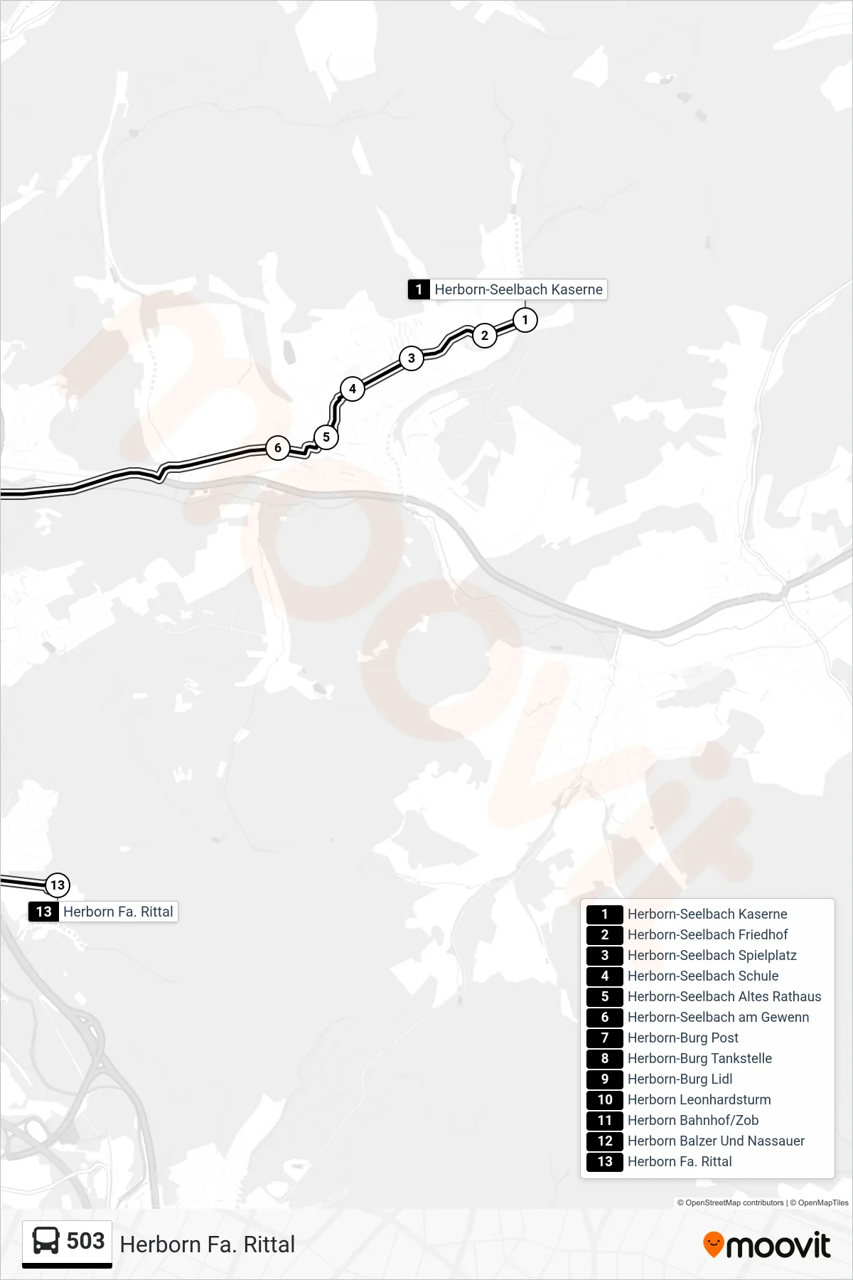 Linie 503 (Bus) Richtung Herborn Fa. Rittal: Route und Haltestellen auf der Karte