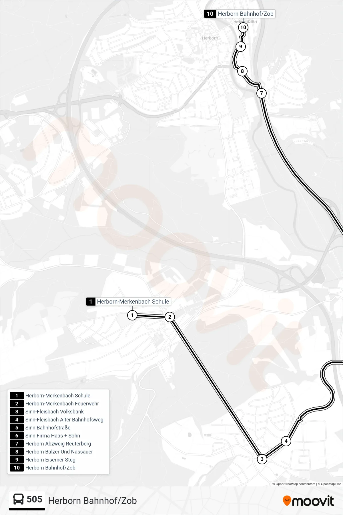 505 bus Line (Herborn Bahnhof/Zob) route and stops on a map