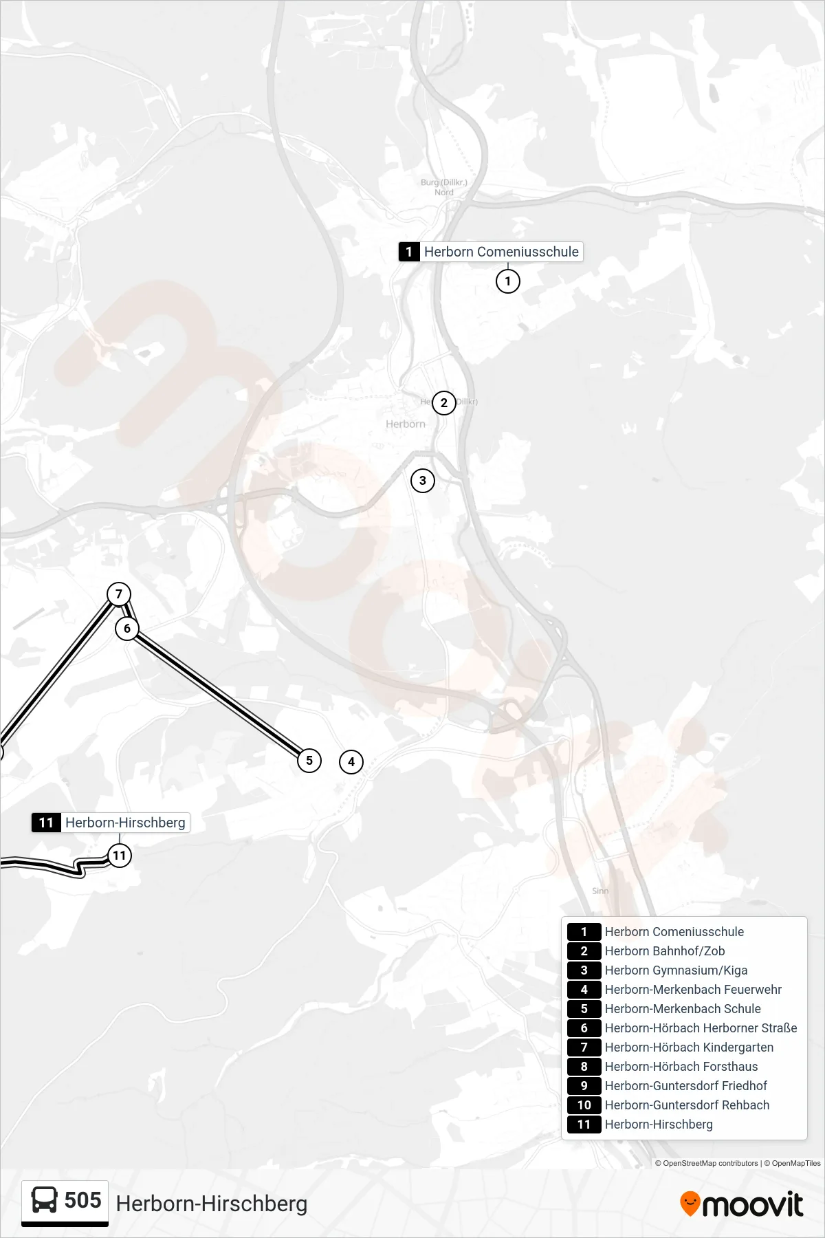 505 bus Line (Herborn-Hirschberg) route and stops on a map