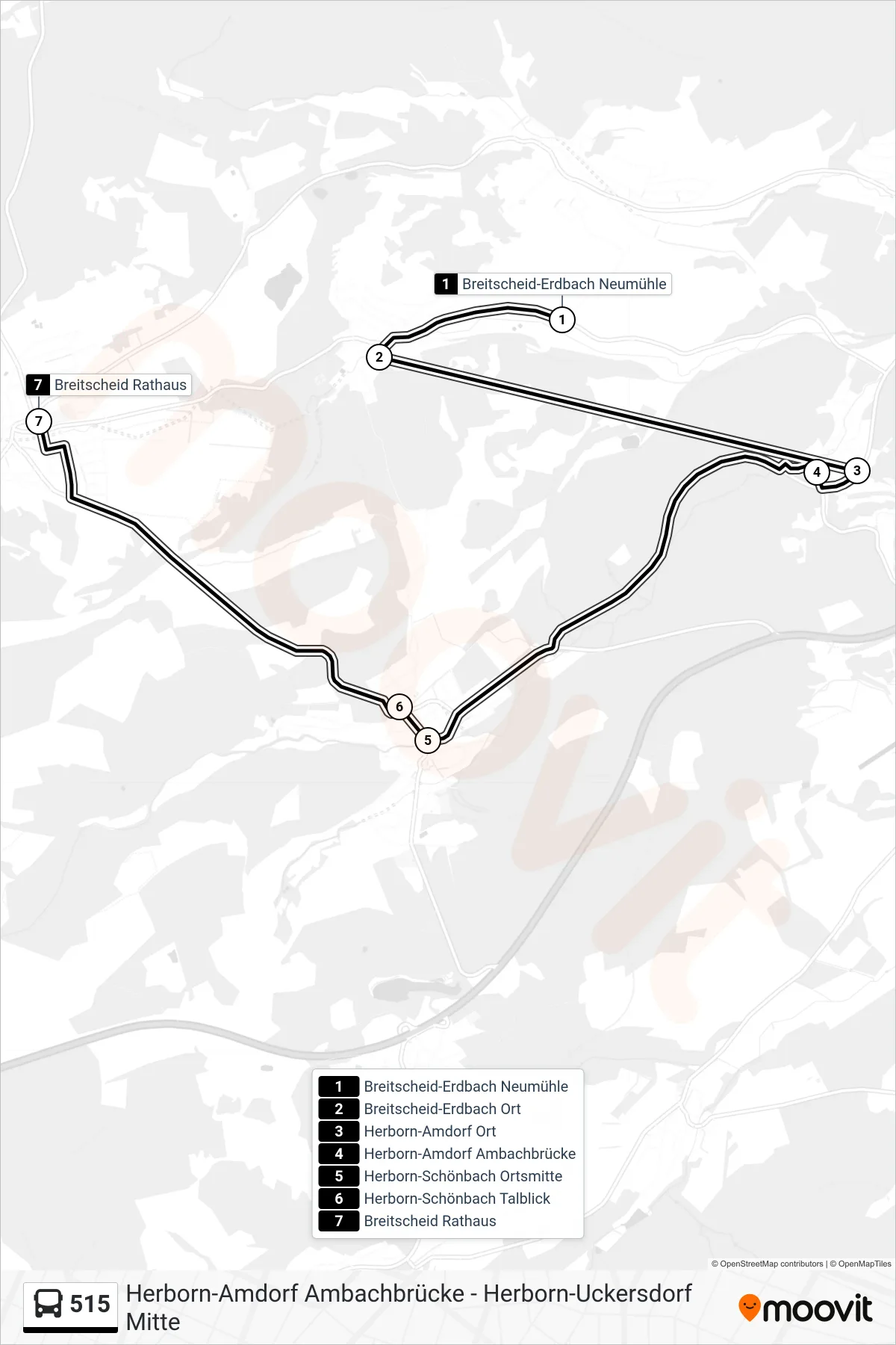 515 bus Line (Breitscheid Rathaus) route and stops on a map