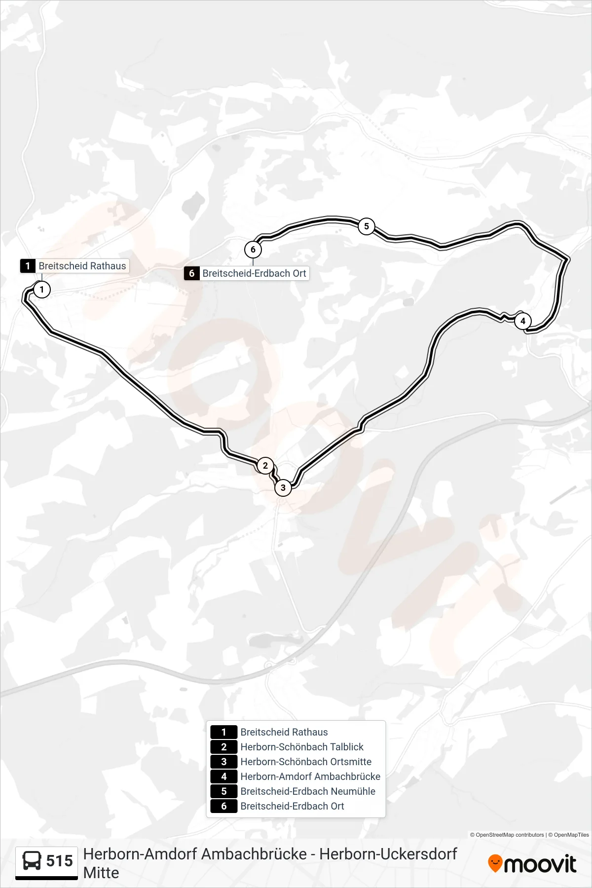515 bus Line (Breitscheid-Erdbach Ort) route and stops on a map