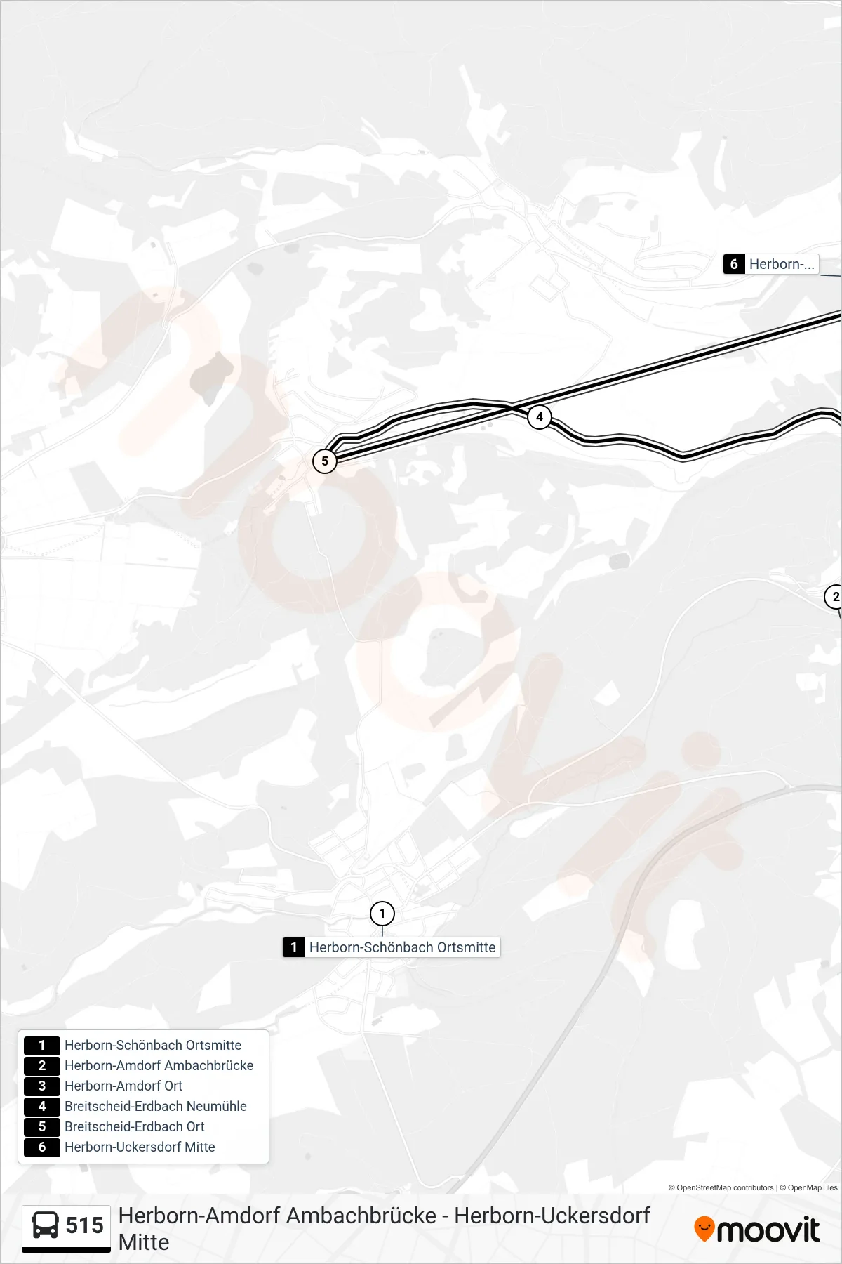 515 bus Line (Herborn-Uckersdorf Mitte) route and stops on a map