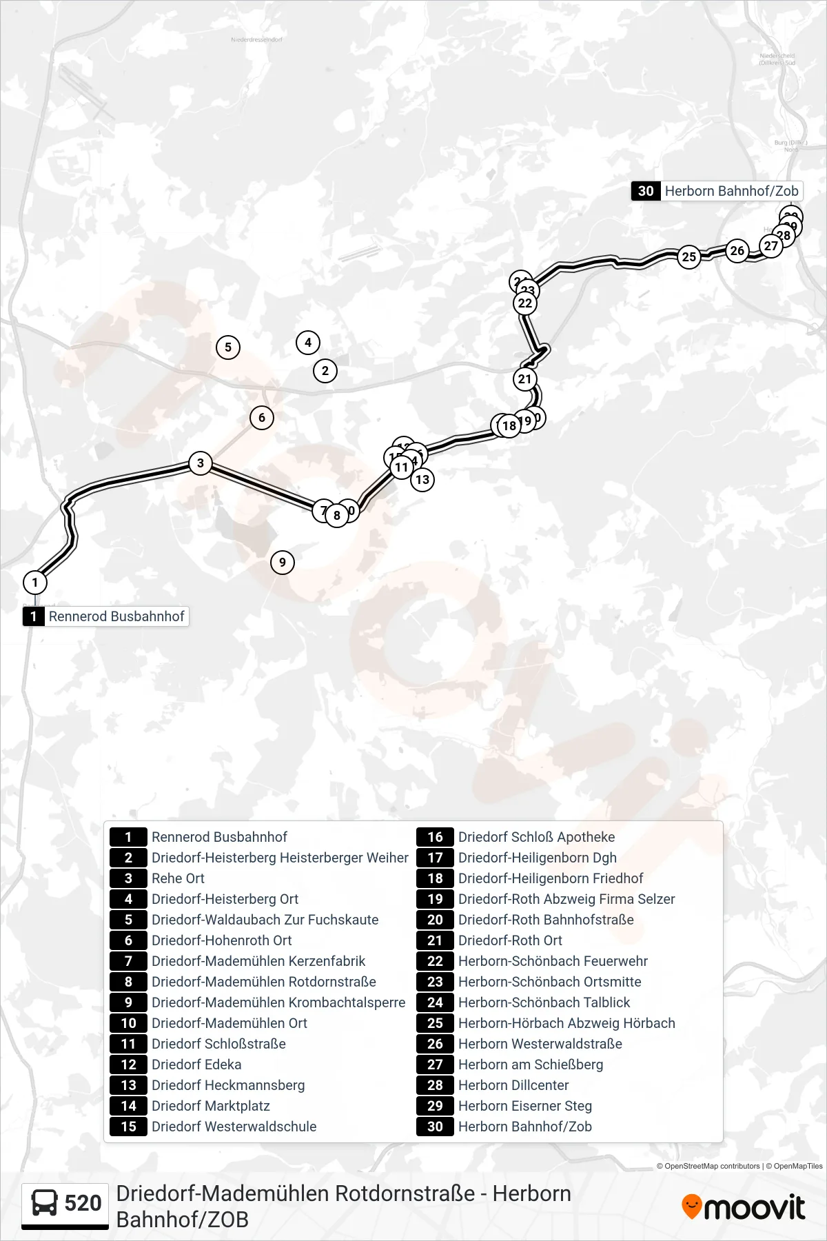 Linie 520 (Bus) Richtung Herborn Bahnhof/Zob: Route und Haltestellen auf der Karte