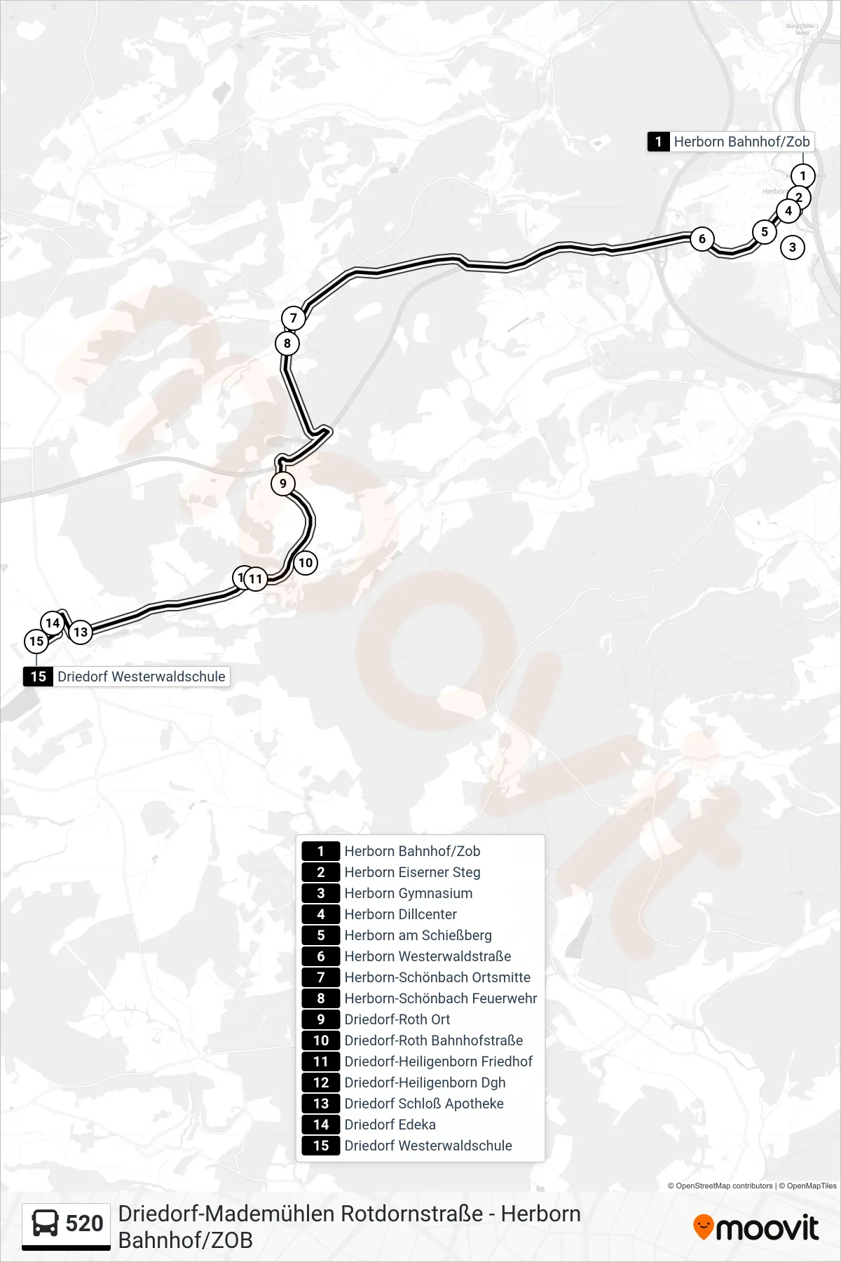 520 bus Line (Driedorf Westerwaldschule) route and stops on a map