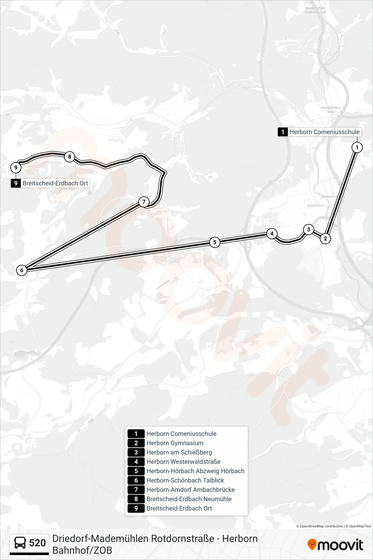 520 bus Line (Breitscheid-Erdbach Ort) route and stops on a map