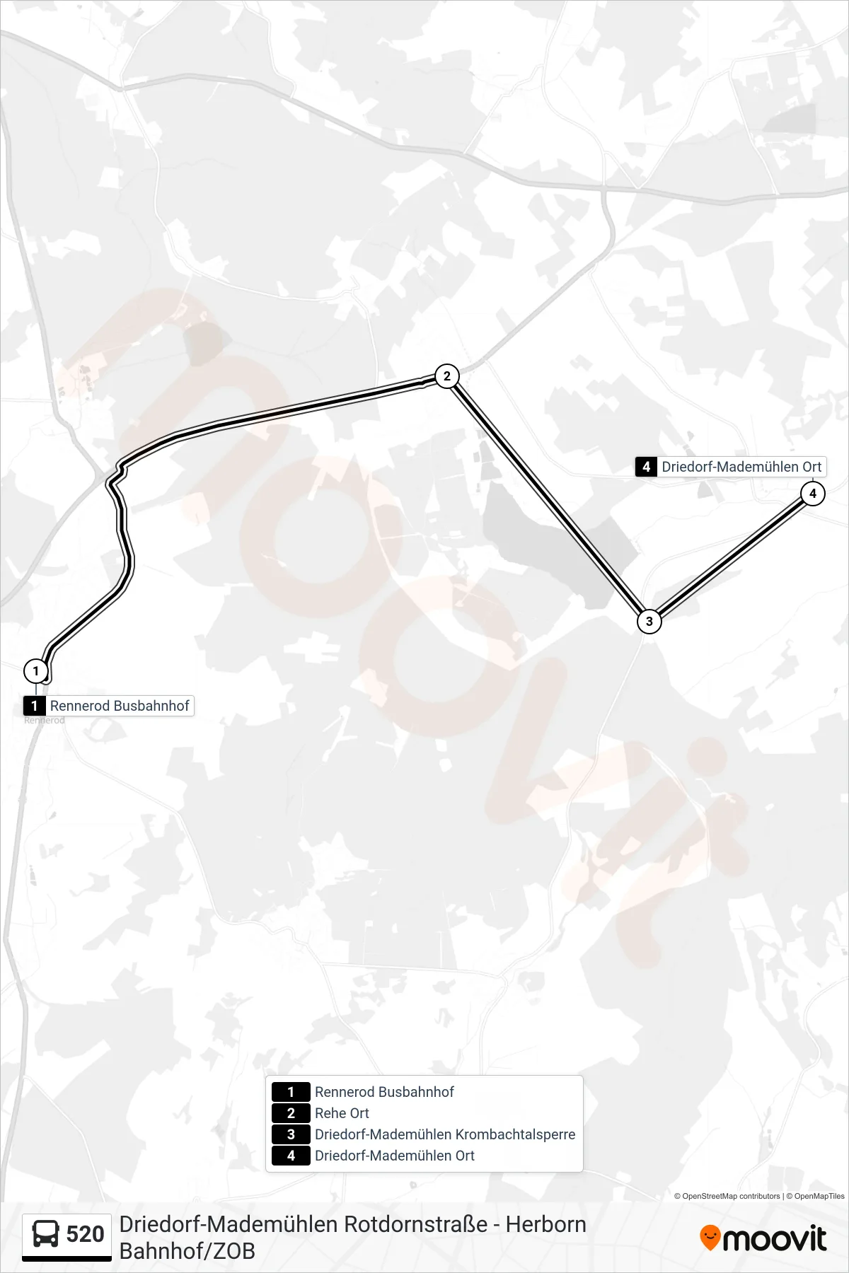 520 bus Line (Driedorf-Mademühlen Ort) route and stops on a map