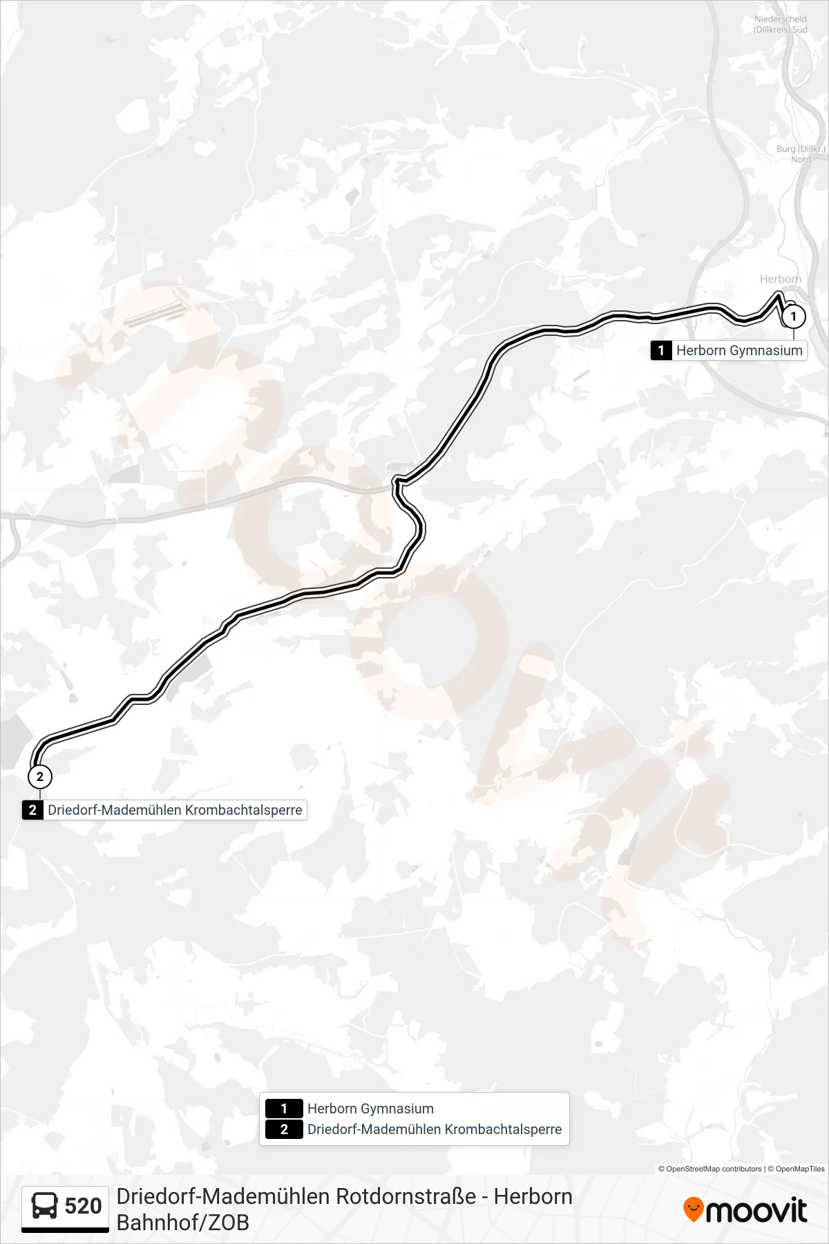 520 bus Line (Driedorf-Mademühlen Krombachtalsperre) route and stops on a map