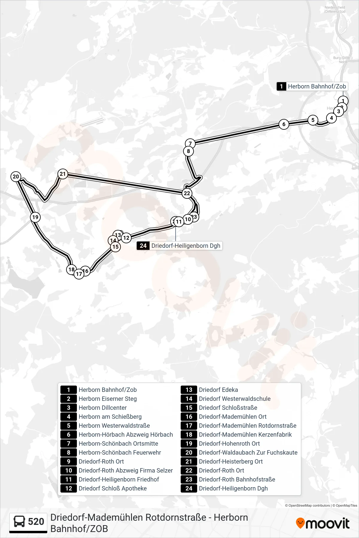 520 bus Line (Driedorf-Heiligenborn Dgh) route and stops on a map