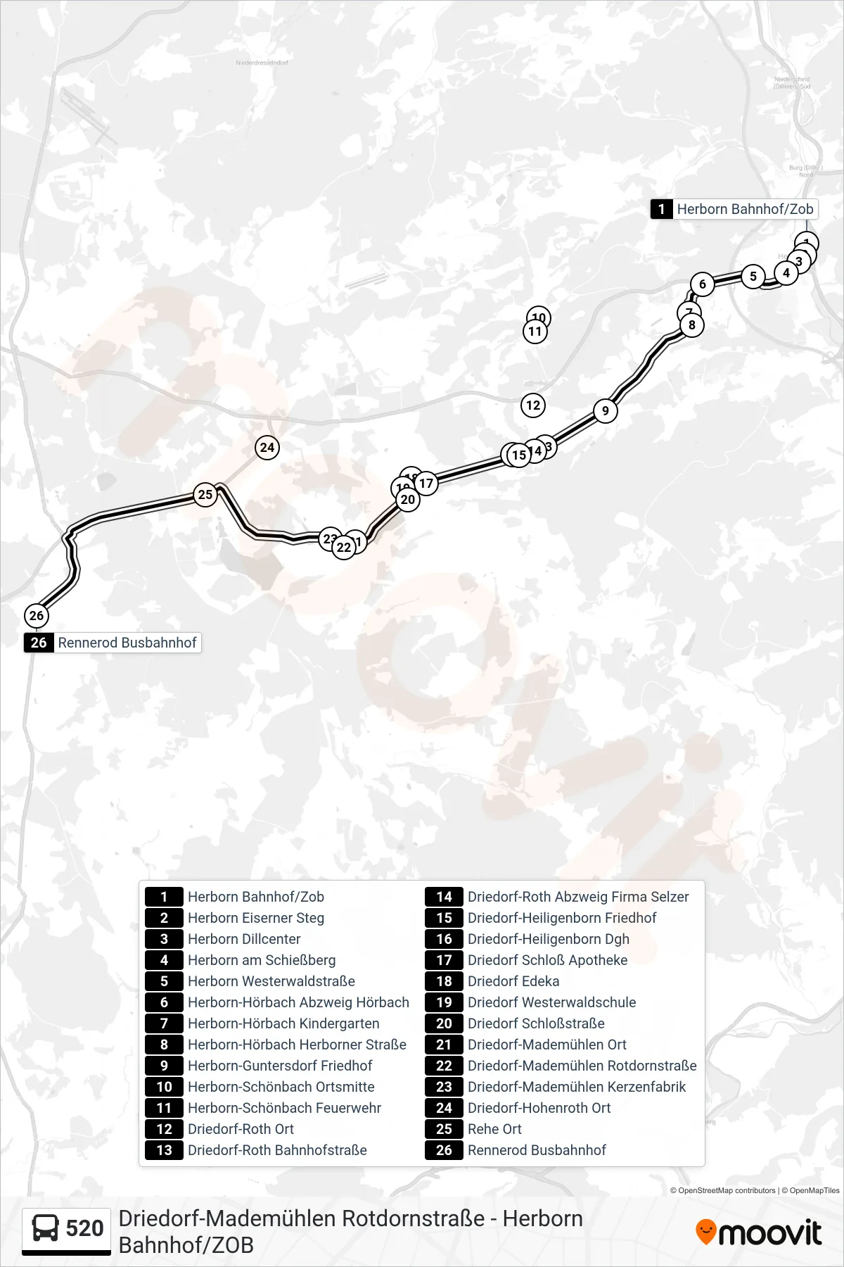 520 bus Line (Rennerod Busbahnhof) route and stops on a map
