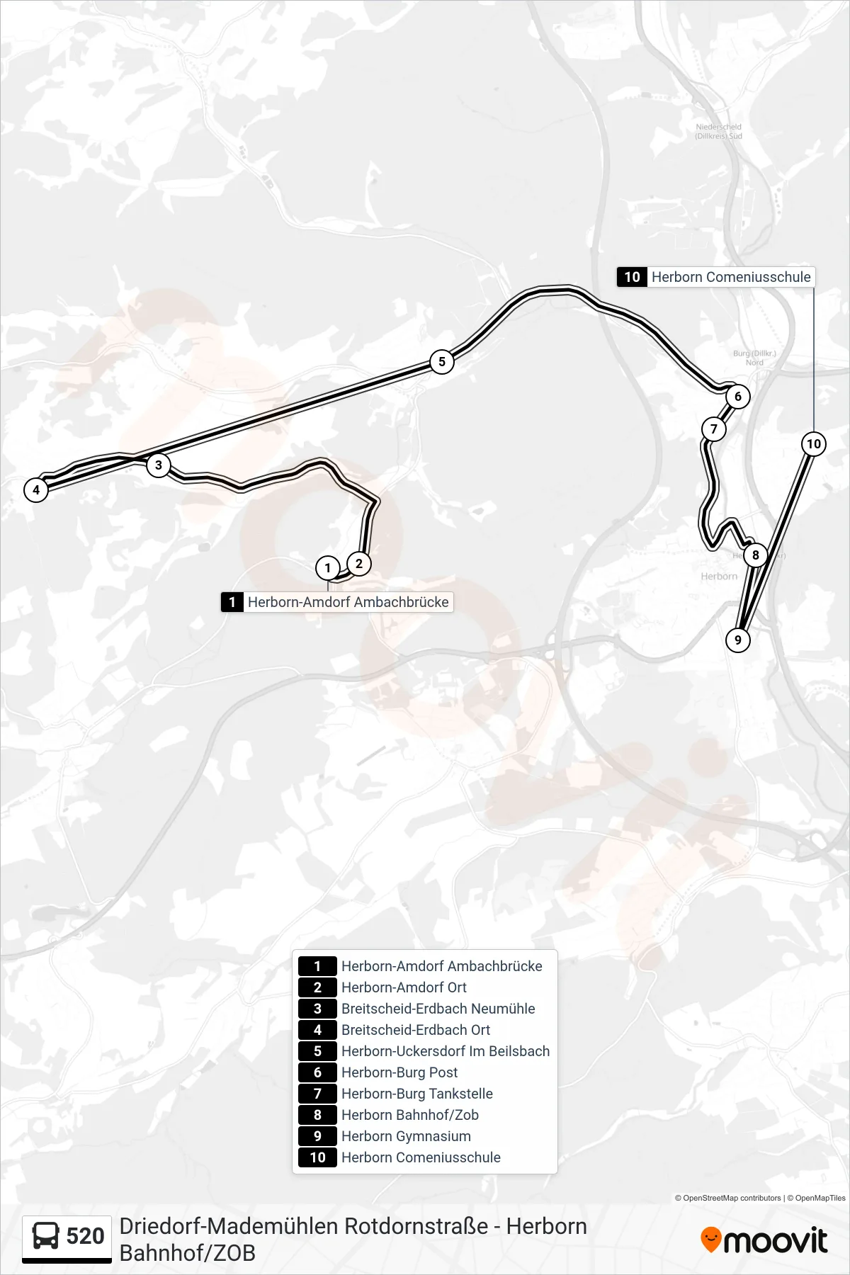 520 bus Line (Herborn Comeniusschule) route and stops on a map