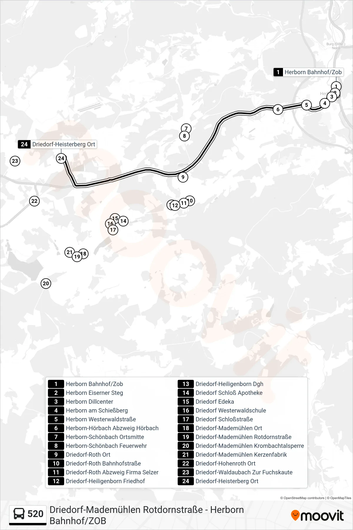 520 bus Line (Driedorf-Heisterberg Ort) route and stops on a map
