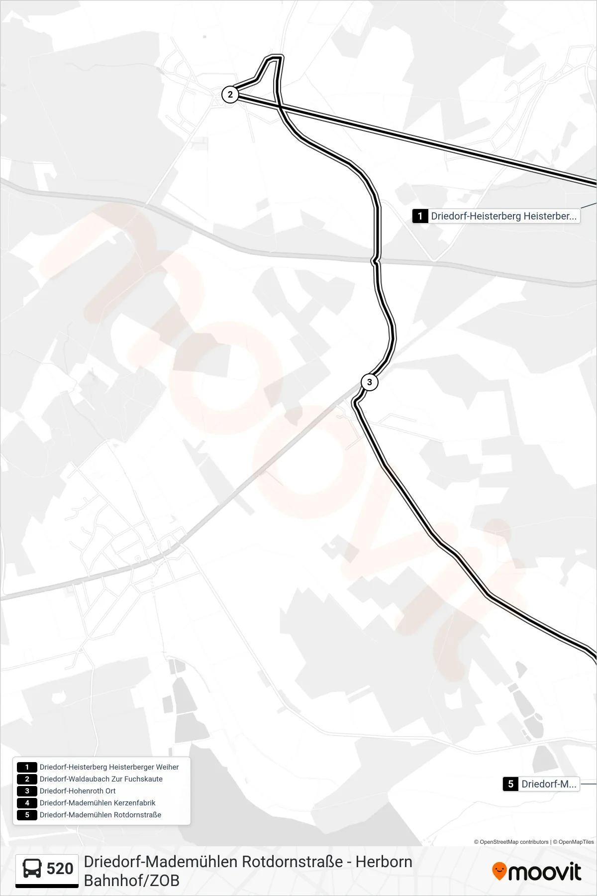 520 bus Line (Driedorf-Mademühlen Rotdornstraße) route and stops on a map